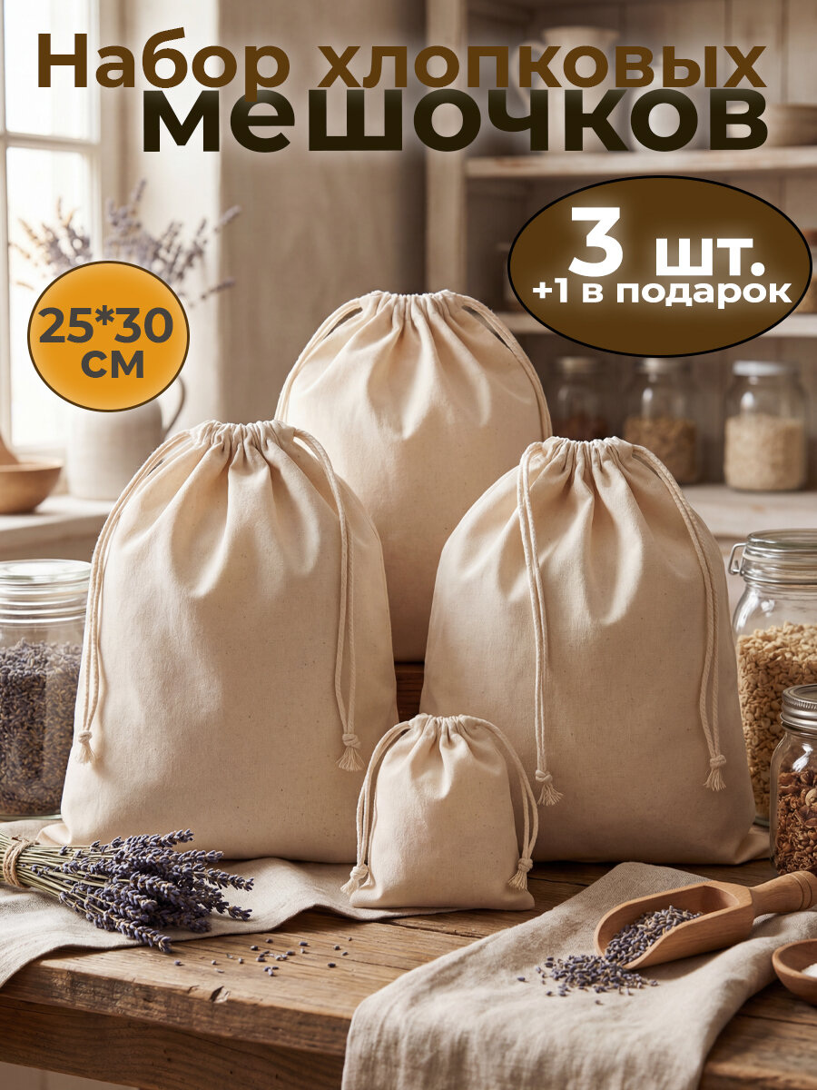 Мешочки для хранения тканевые хлопковые 25*30 3 шт.+1