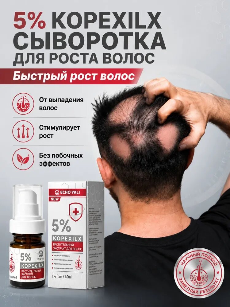 5% лосьон для роста волос. Активация фолликулов, стимуляция роста бороды, защита от выпадения за 7 дней. Для мужчин и женщин. 40 мл