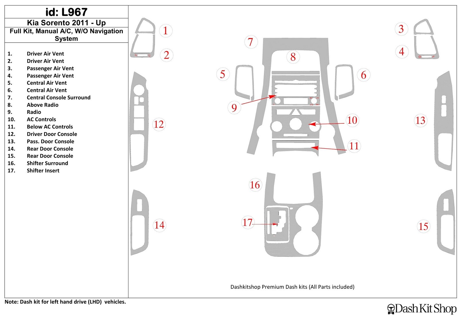 Декоративные накладки салона для KIA Sorento 2011-UP. Комплект L967.