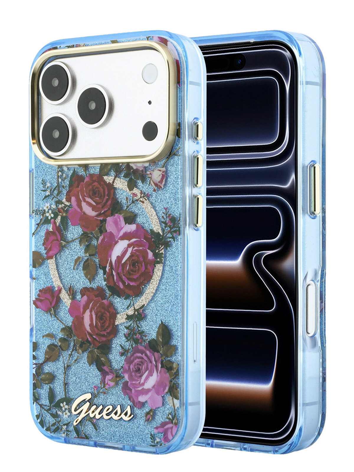 Чехол Guess на iPhone 18 Pro Max/17 Pro Max, с магнитами MagSafe, с принтом IML Flowers, с защитой камеры, голубой