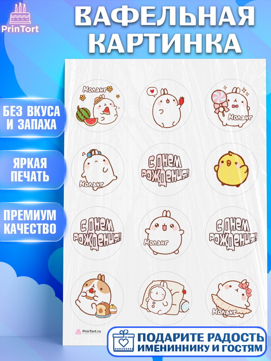 Вафельная картинка для торта Моланг. Украшения для торта девочке на День Рождения. Декор для выпечки PrinTort