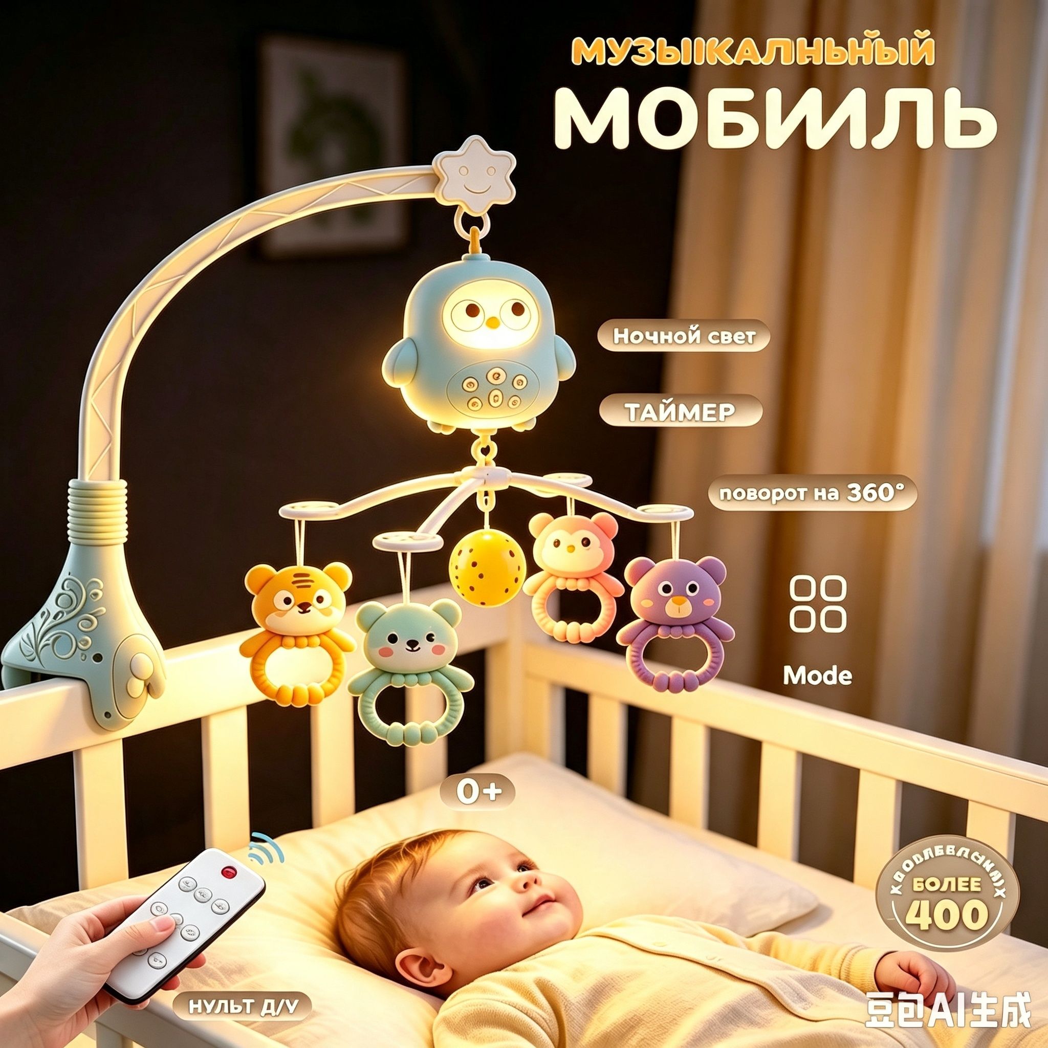 Мобиль музыкальный на кроватку для новорожденных