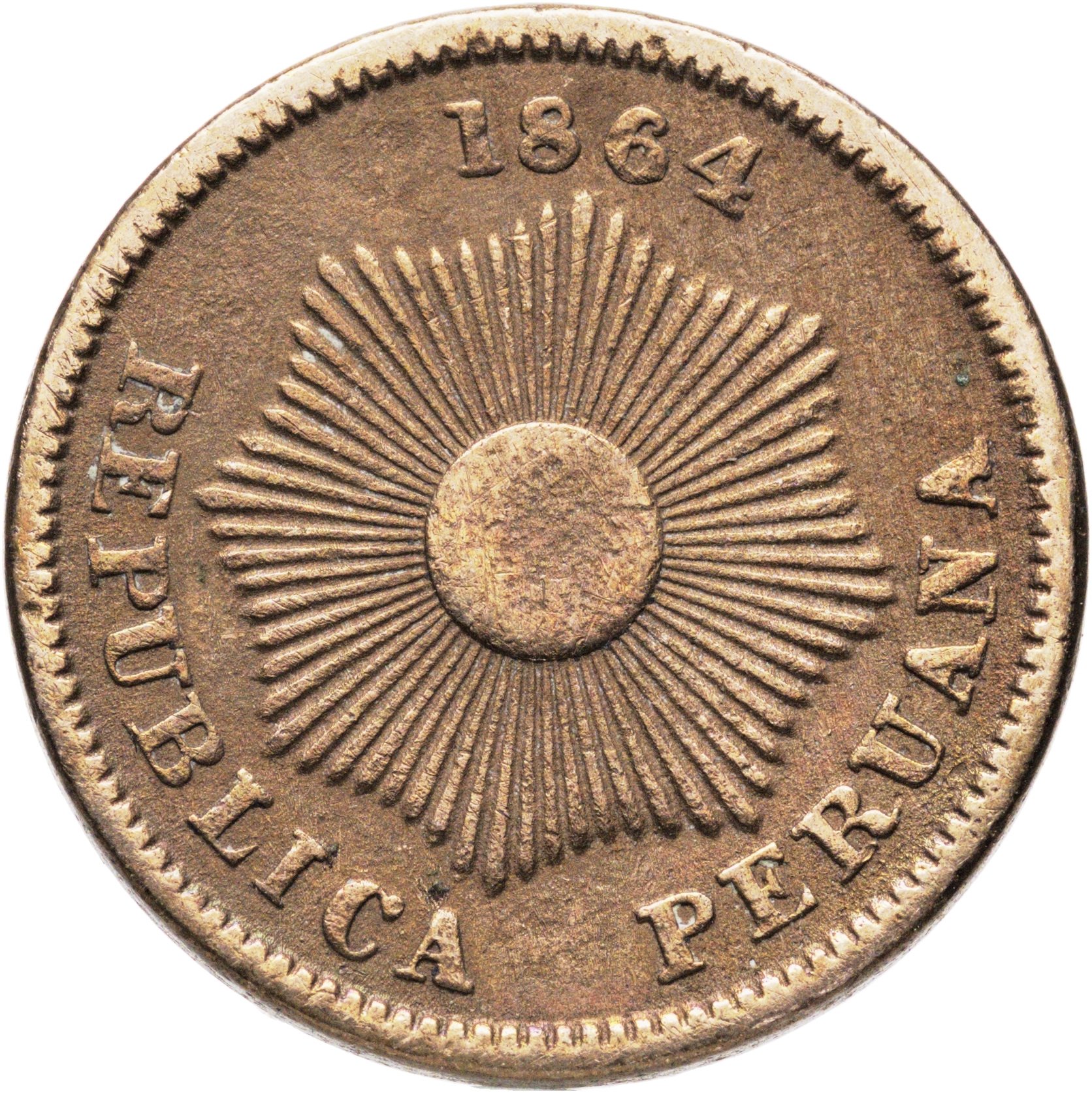 Перу 1 сентаво 1864, Мельхиор медь-никель, в сохранности VF