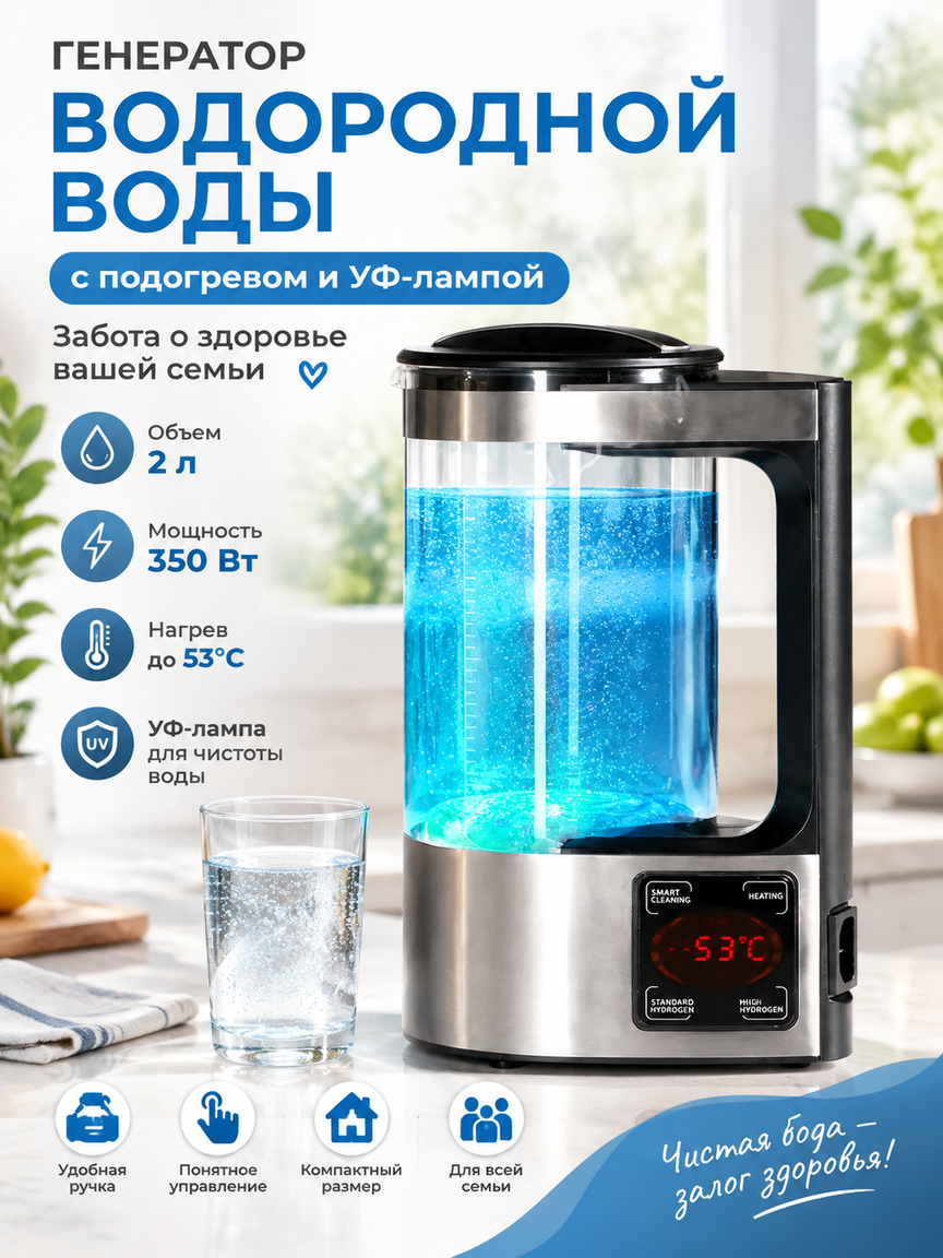 Водородный генератор 2 л с подогревом и УФ-лампой, 220 В, 350 Вт, серебристый, для здоровья