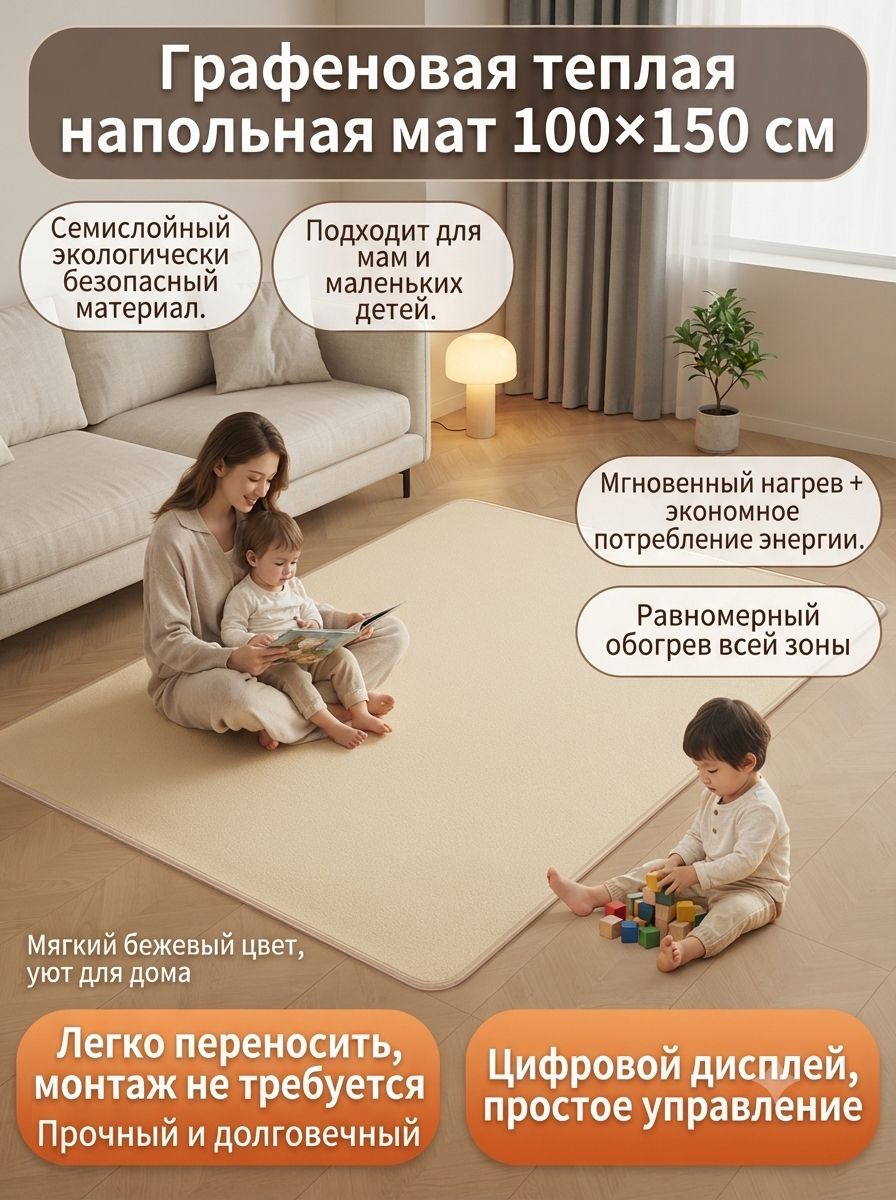 Графеновый коврик для подогрева пола (теплый пол) 100x150 см, бытовой, для гостиной и детской