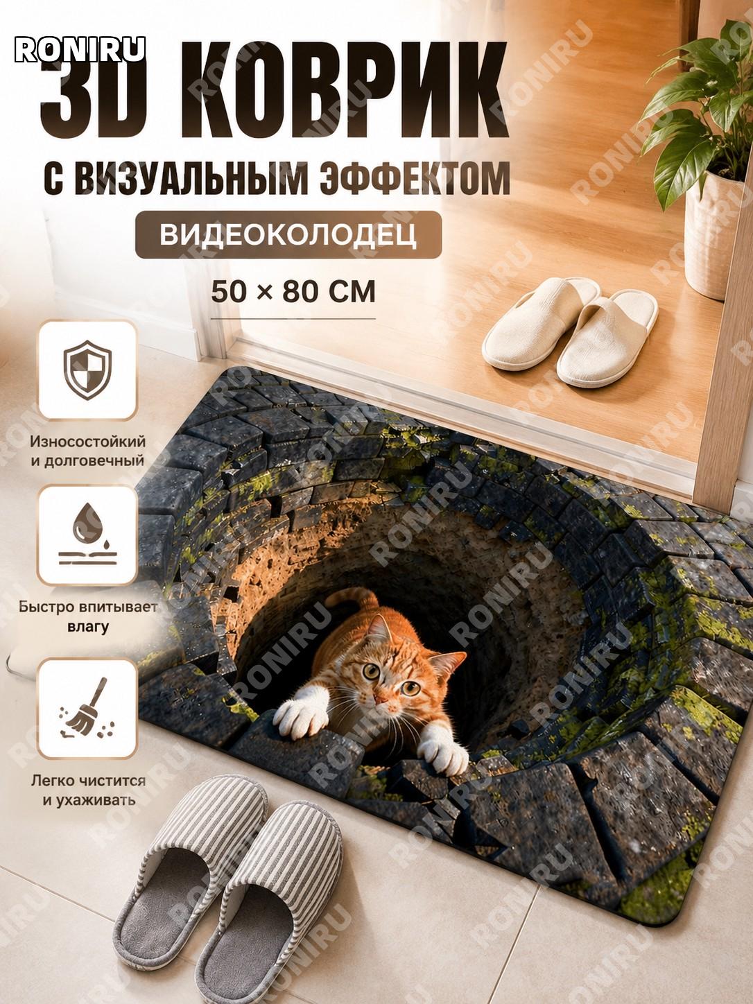 Придверный коврик Cat из хрустального велюра 50×80 см визуальный колодец новый дизайн Силиконовая глина прихожая