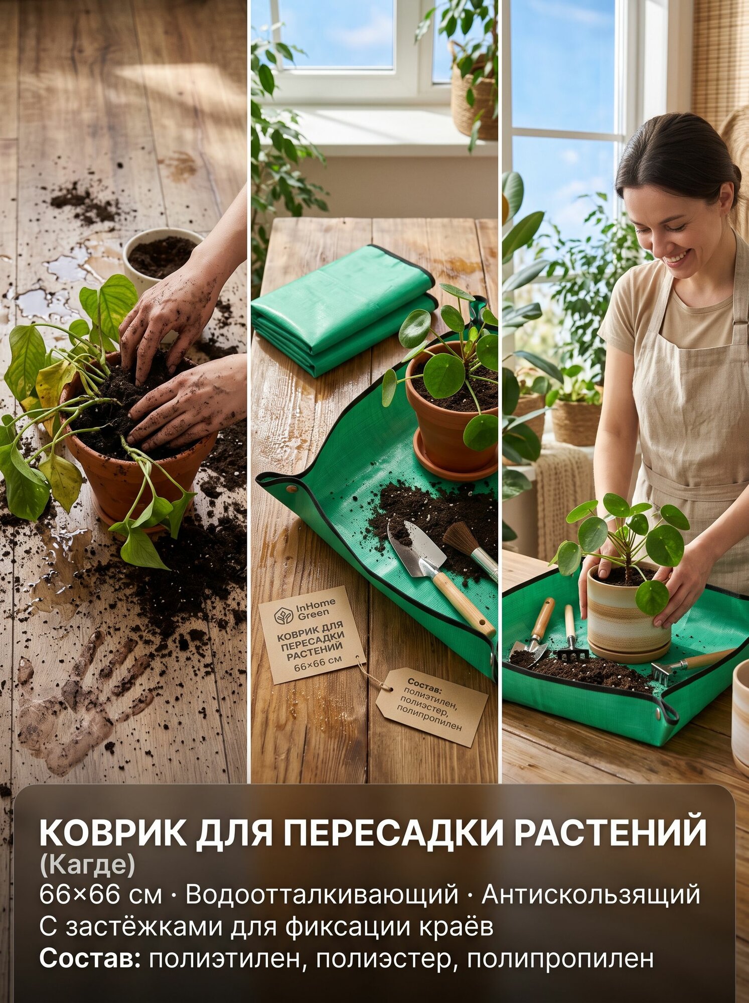 Коврик для пересадки растений 65х65 см водонепроницаемый ПВХ, клеенка-подстилка для пересадки цветов и рассады, складная, с бортиками, зеленая