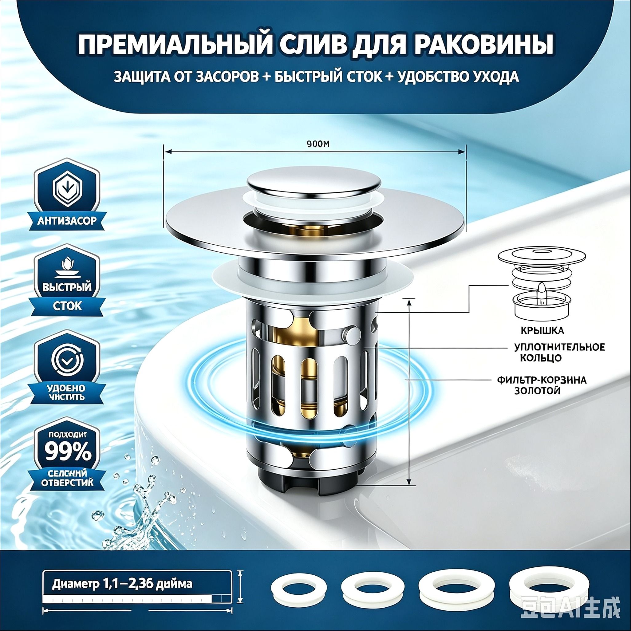 Премиальный нажимной слив для раковины с фильтром-корзиной