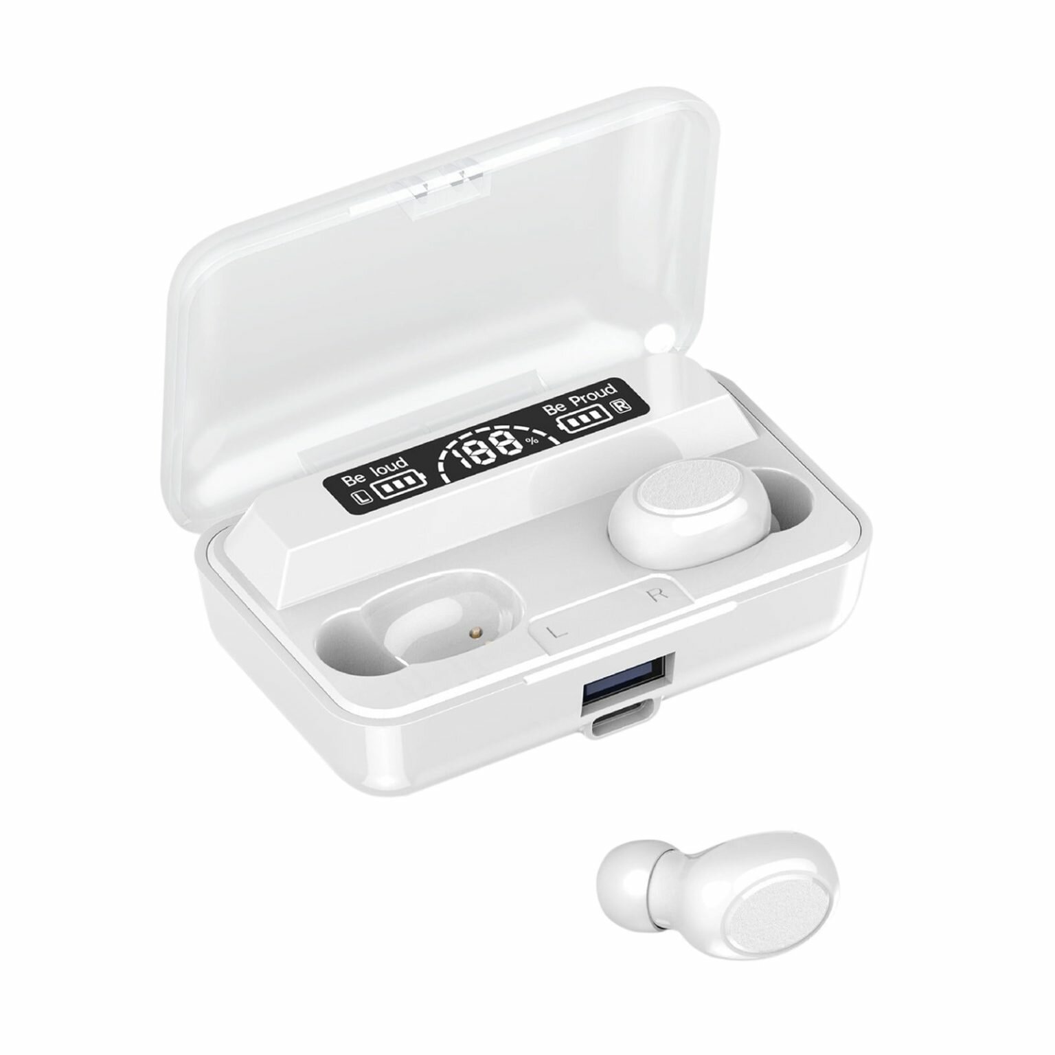 Беспроводные наушники, Bluetooth-наушники с зарядным кейсом и светодиодным индикатором уровня заряда.