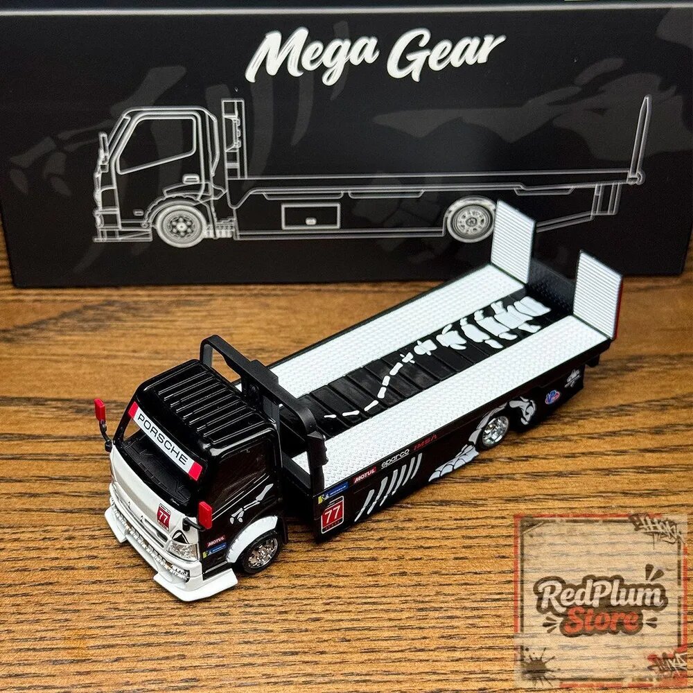 Машинка Mega Gear 1:64 Porsche Black & White Dinosaur Bone Livery Flatbed Trailer Full Deck Diecast Model