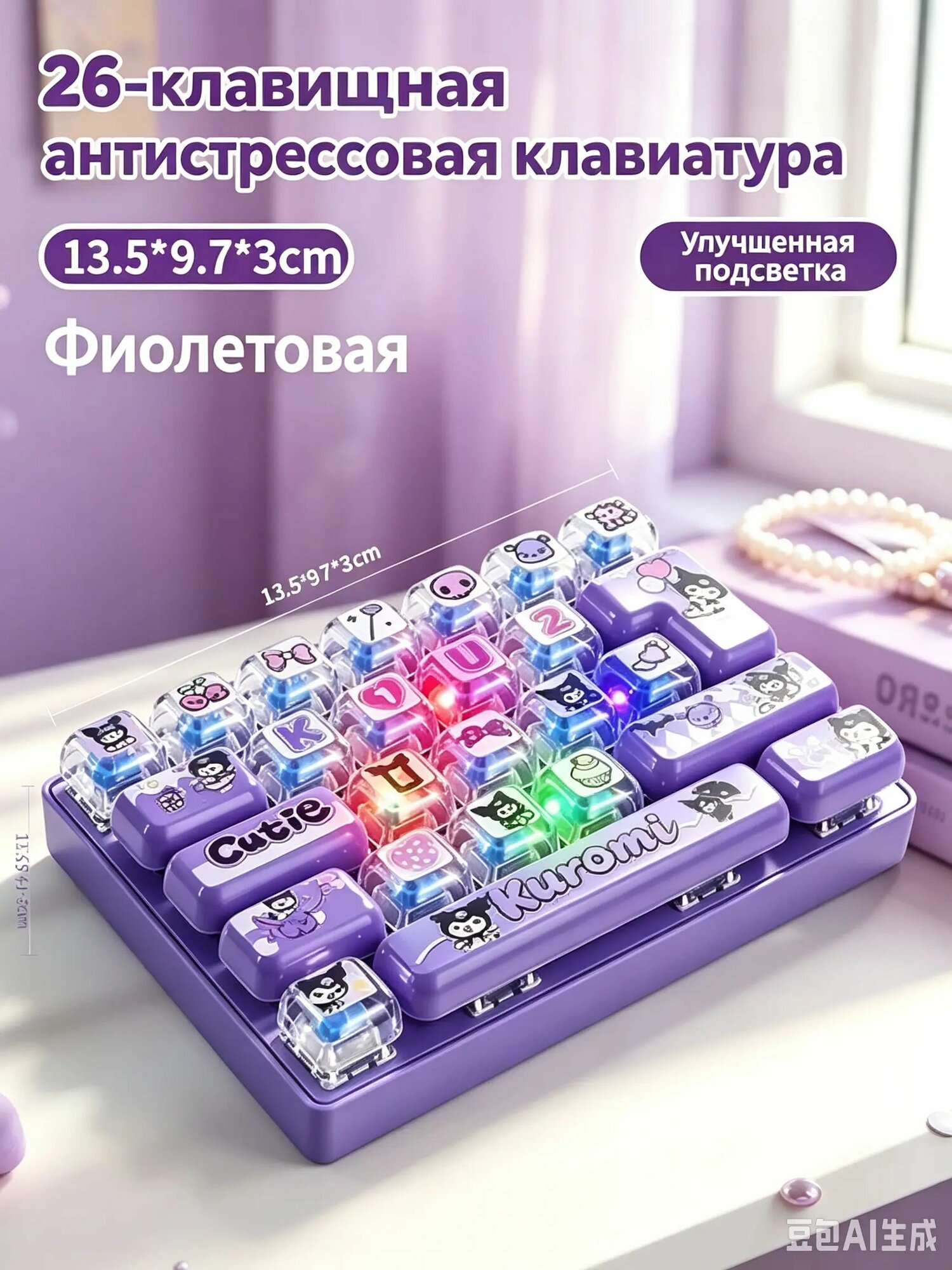 Фиолетовая механическая клавиатура с персонажем Курамми, 26 клавиш, с подсветкой, брелок