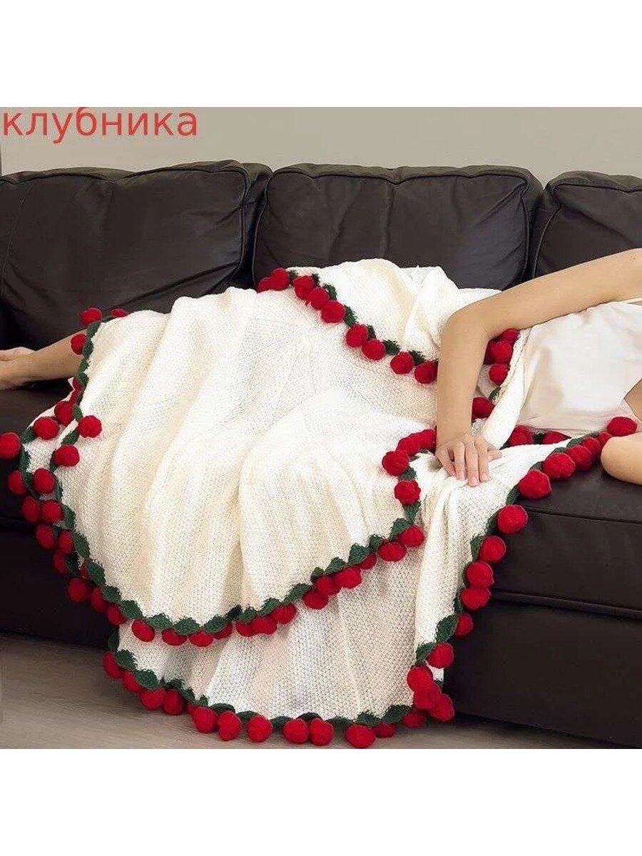 Плед 160x160 см искусственная шерсть вязаный, жаккардовый растения красный