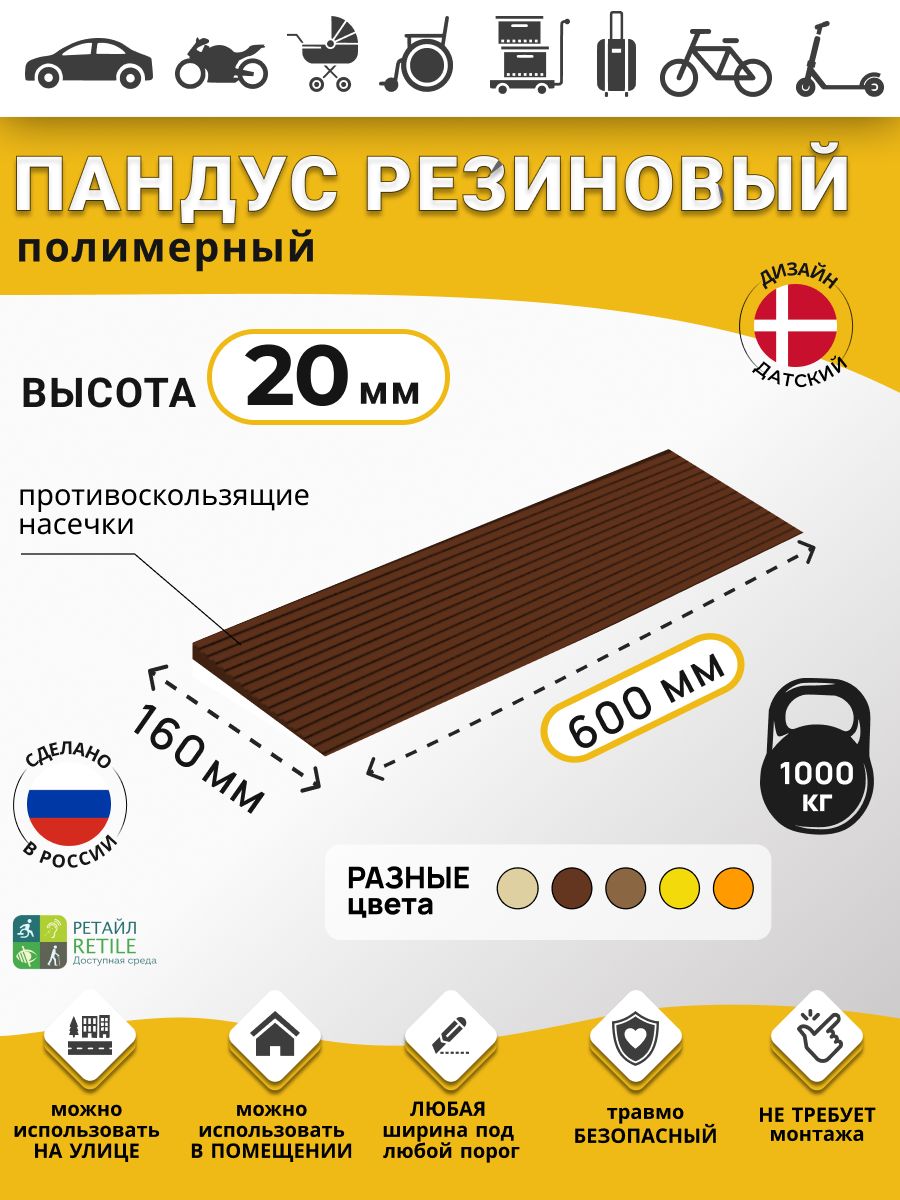 Пандус резиновый рубеж для порогов высотой 2 см (20х600х150 мм), темно-коричневый, для колясок, склада и автомобилей
