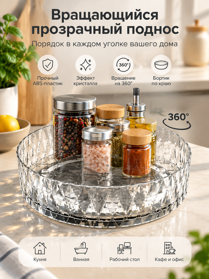 Вращающийся прозрачный поднос 21 см с бортиком, круглая подставка-органайзер для кухни и ванной