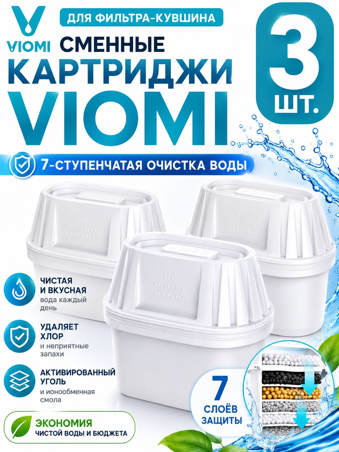Сменные картриджи VIOMI для фильтра-кувшина, 7-ступенчатая очистка, 3 шт