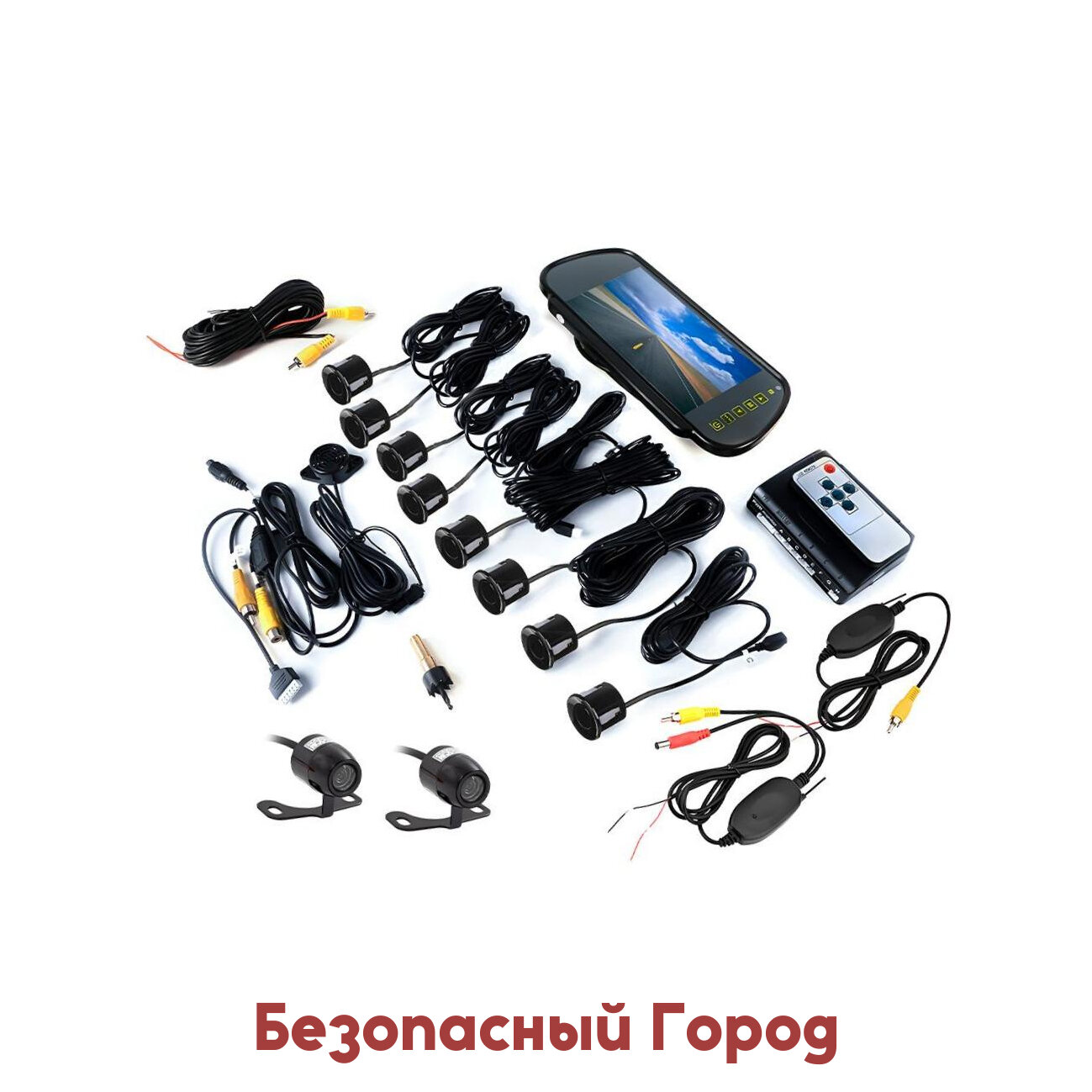 Беспроводной парктроник для авто с двумя камерами Мастер-Парк Мод:041/8-WZ (P39348EB) 8ю датчиками и монитором 7 дюймов в зеркале - черные датчики п