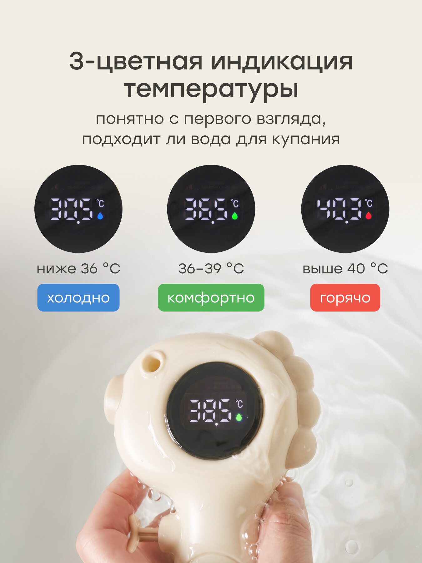 18006, Термометр для воды детский Happy Baby, термометр для воды для новорожденных, для ванной, бежевый — фото 1