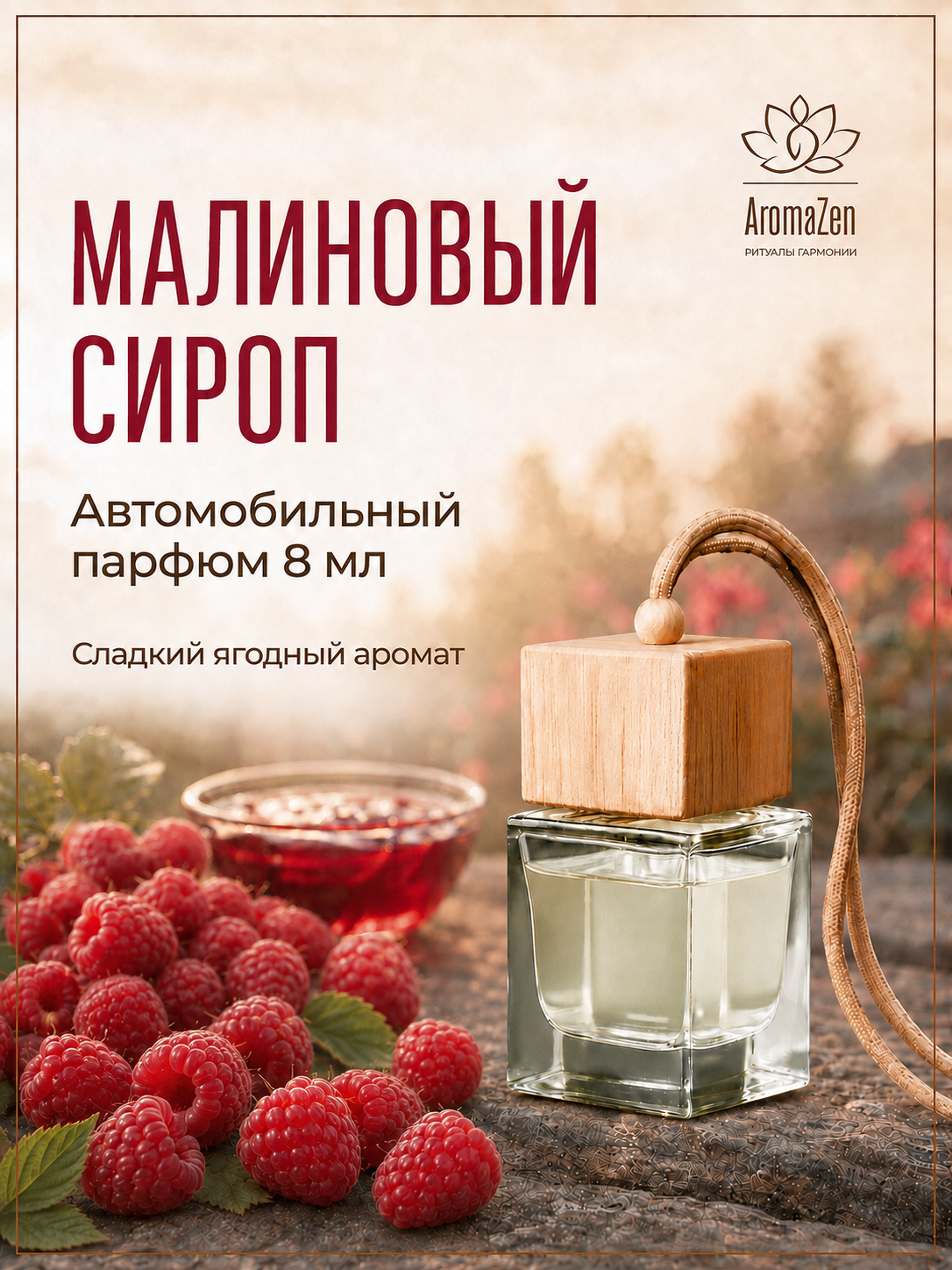AromaZen Ароматизатор в машину Малиновый сироп, стойкий парфюм для авто 8 мл