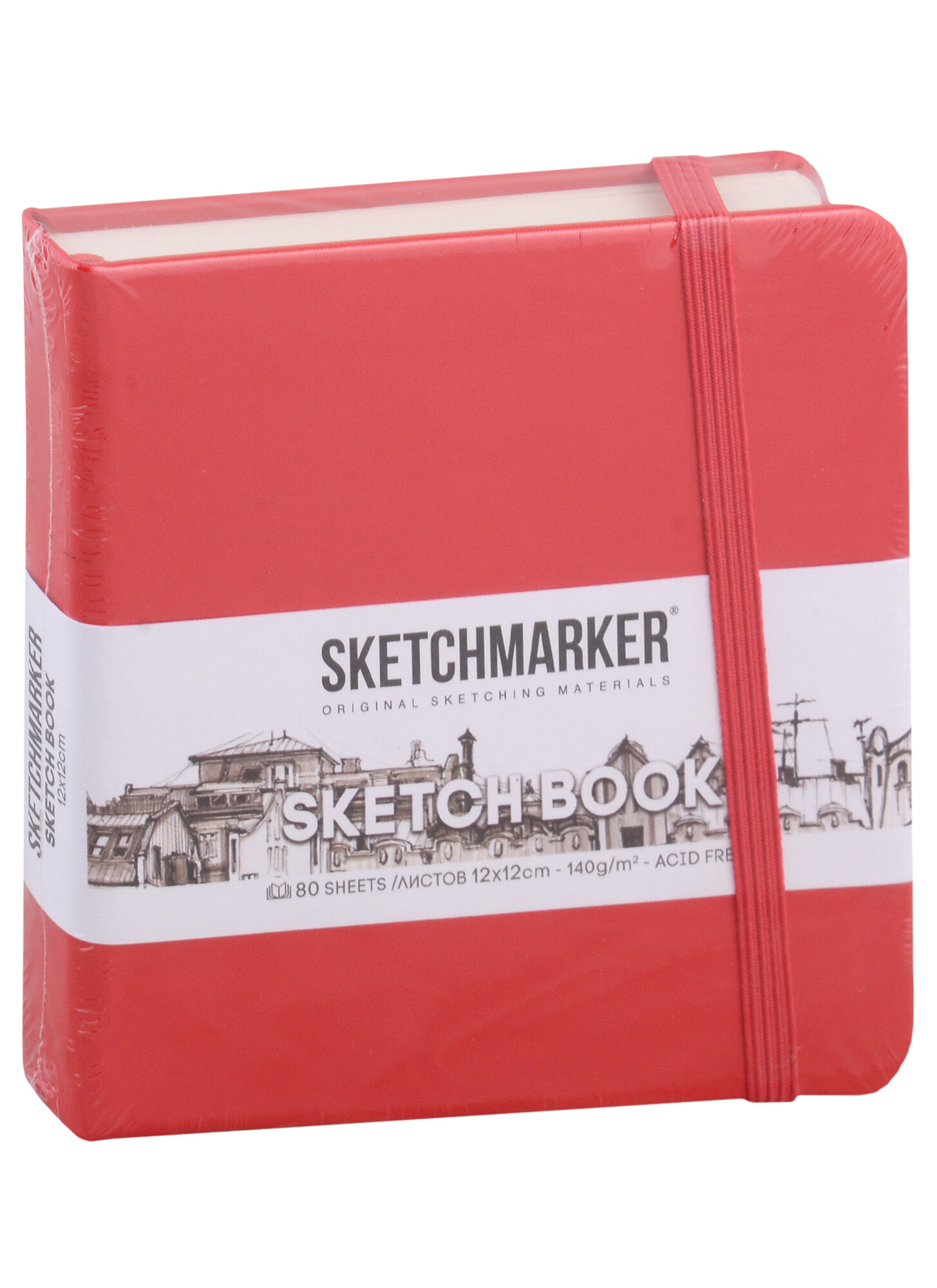 Скетчбук 12*12, 80 листов "Sketchmarker" красный, нелинованный, 140г/м2, слоновая кость
