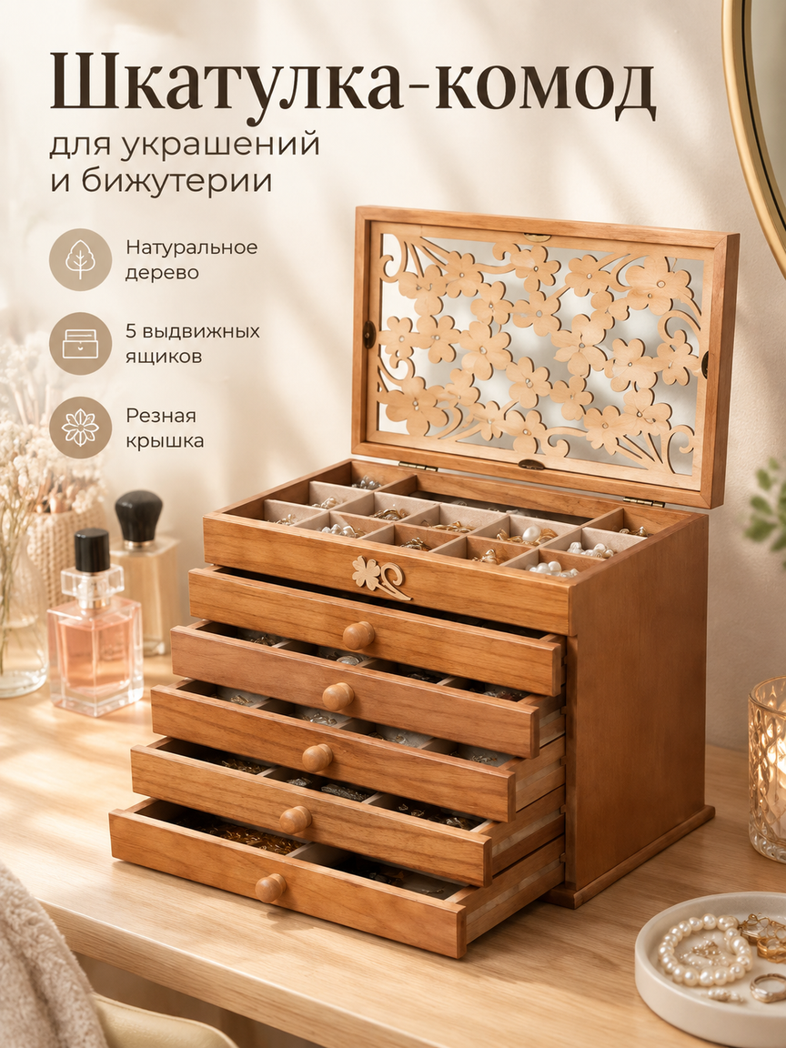 Шкатулка-комод для украшений и бижутерии из дерева, 5 выдвижных ящиков, резная крышка, 32×28 см