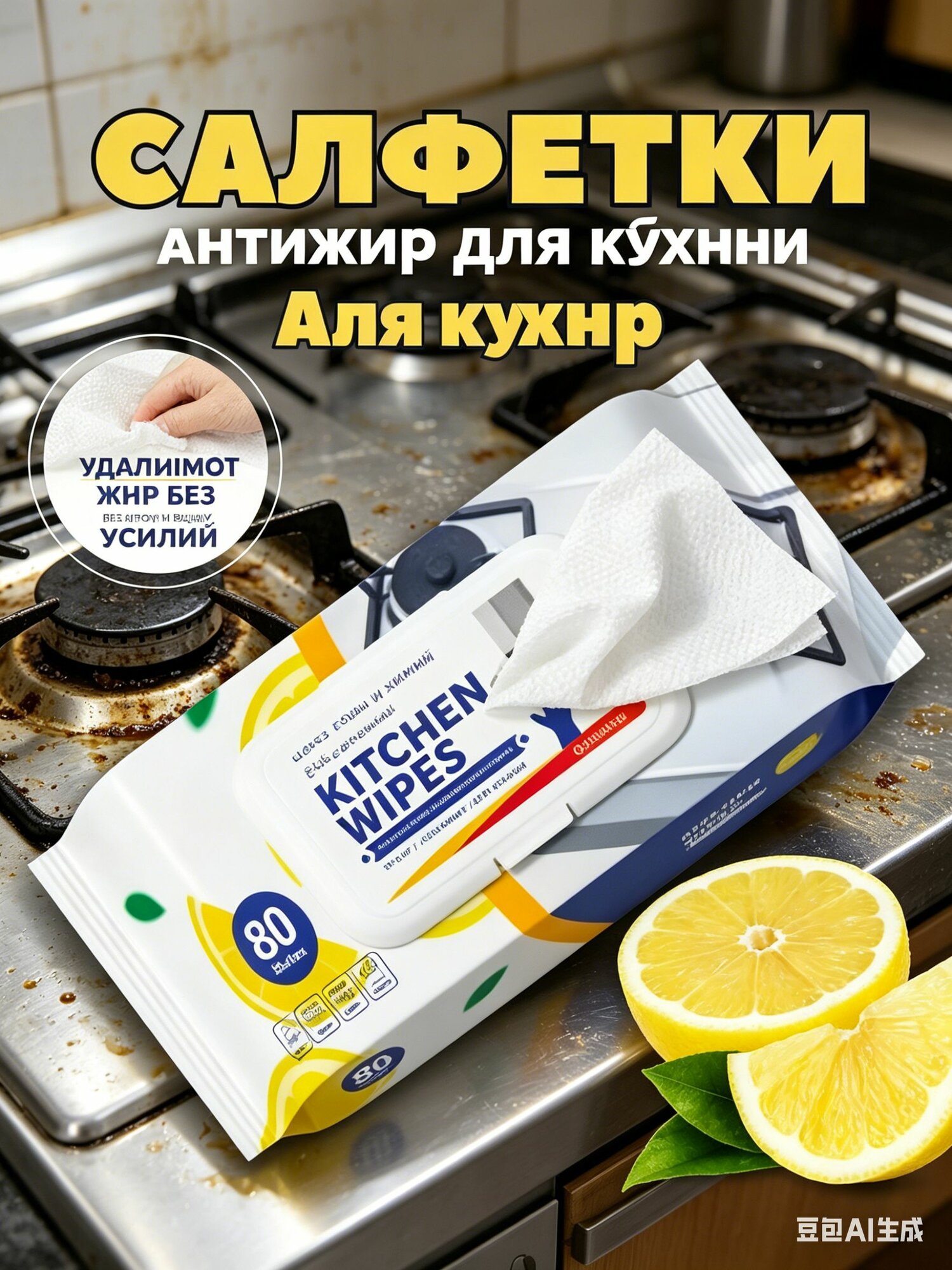 Салфетки влажные для кухни антижир, чистящие wipes 80 шт-средство для удаления жира с плиты поверхностей без воды для уборки дома