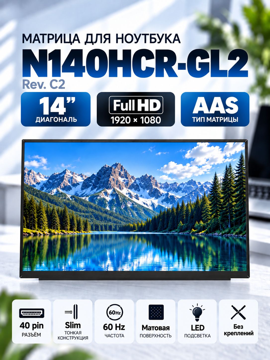 Матрица N140HCR-GL2 14" 1920x1080 (Full HD) 40 pin 60 Hz AAS матовая