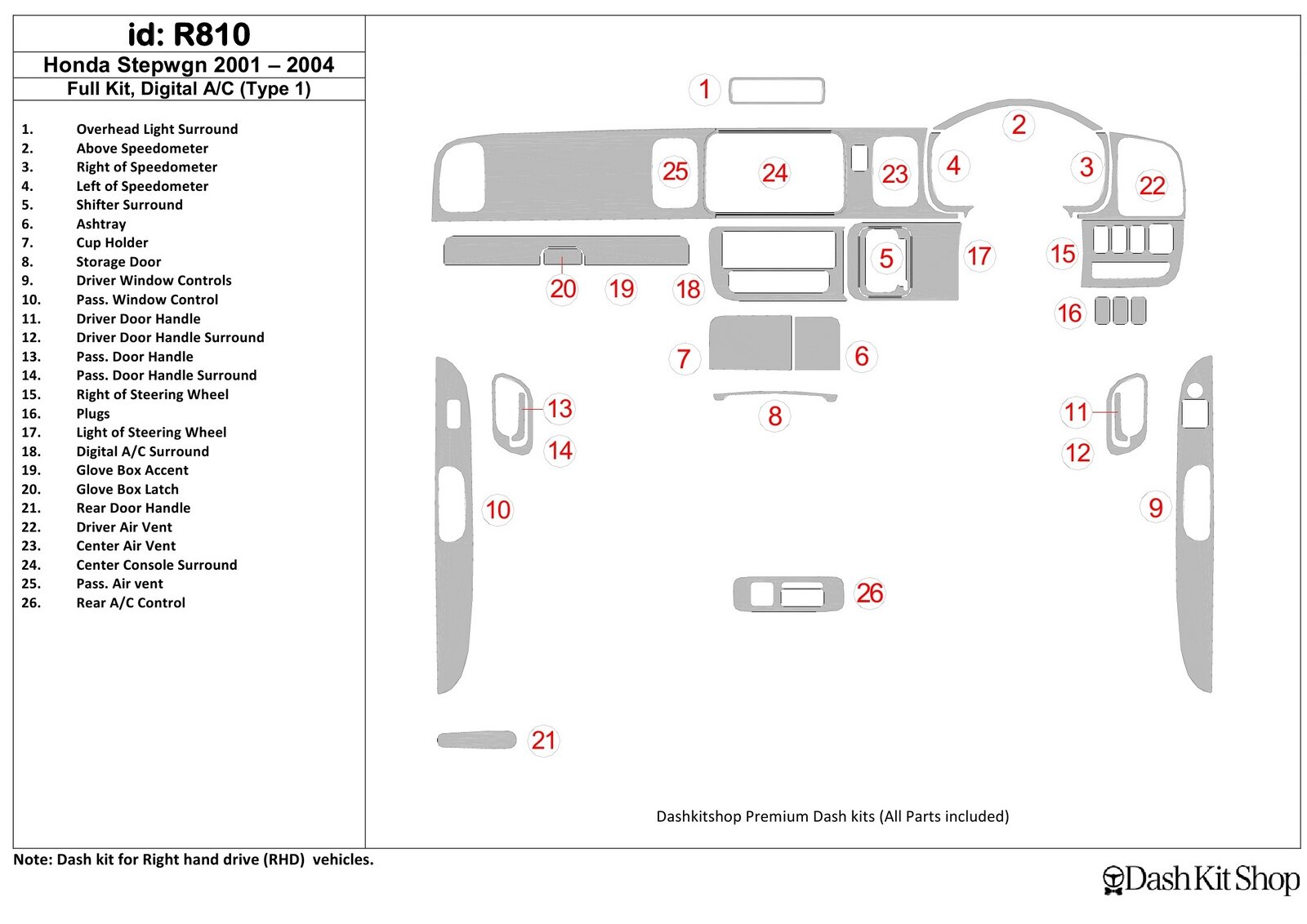Декоративные накладки салона для Honda Stepwagon 2001-2004. Комплект R810.