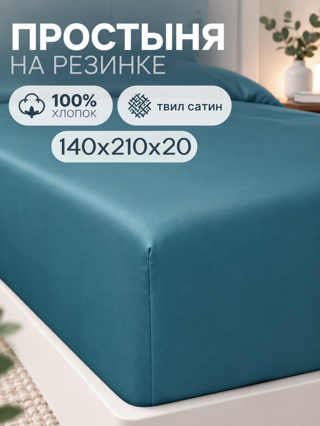 Простыня на резинке Кружева твил-сатин 140х210х20 см, морская