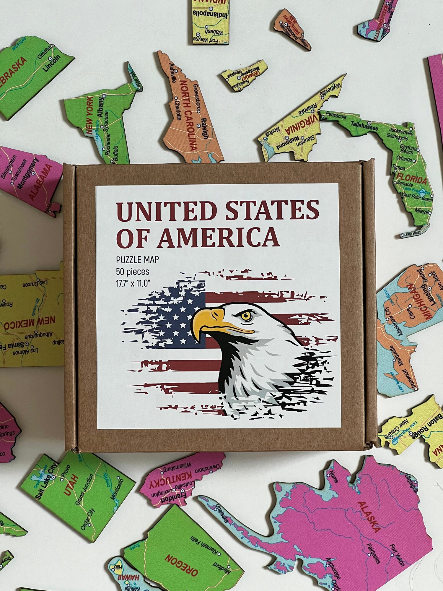 Карта пазл США размер 45х28 см - детализированный, 50 элементов / Деревянные пазлы / Декор