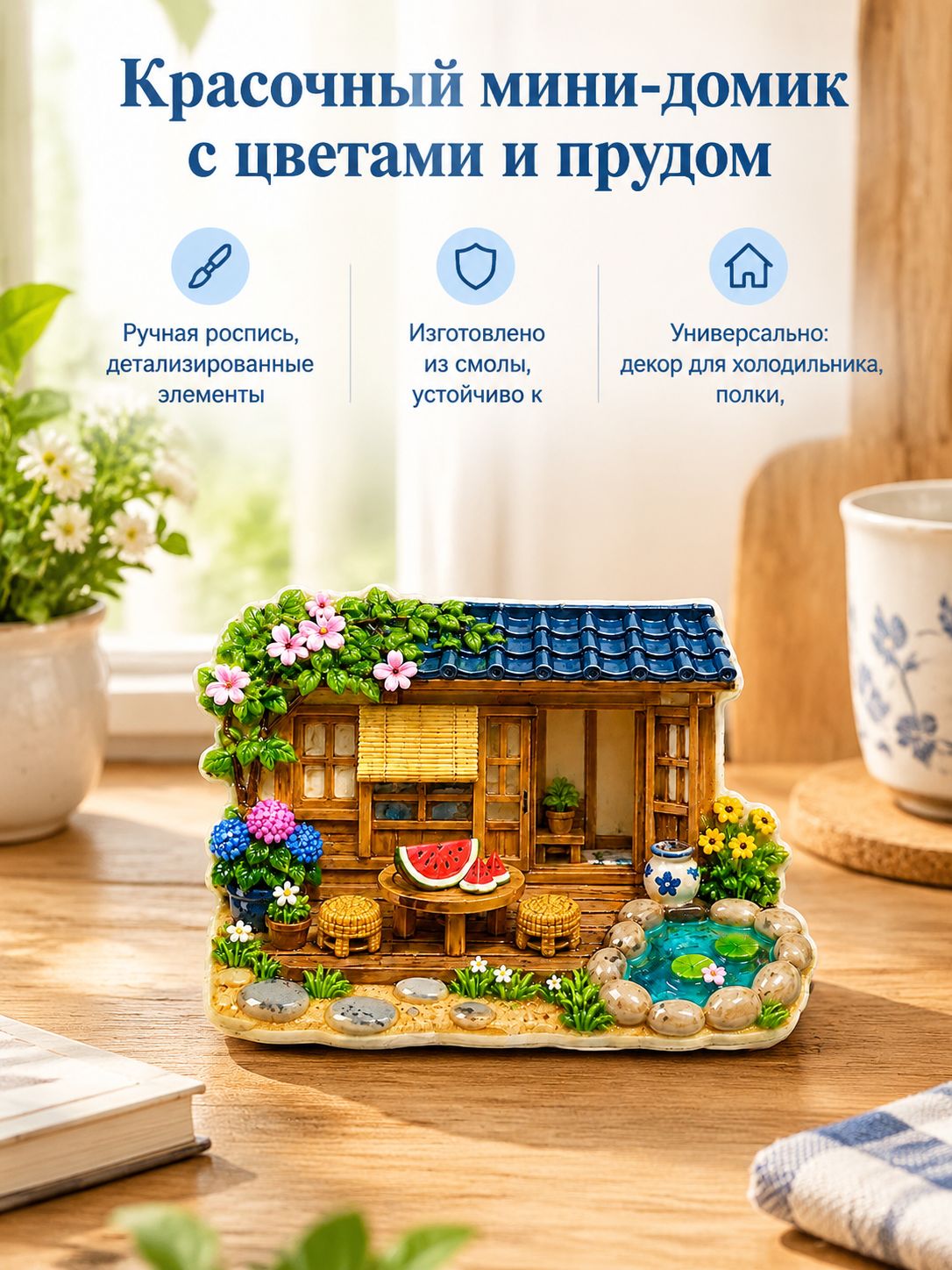 Смоляной магнит-домик для холодильника. Магнит на холодильник Красочный мини-домик с цветами и прудом, смола, ручная роспись, объемный декор