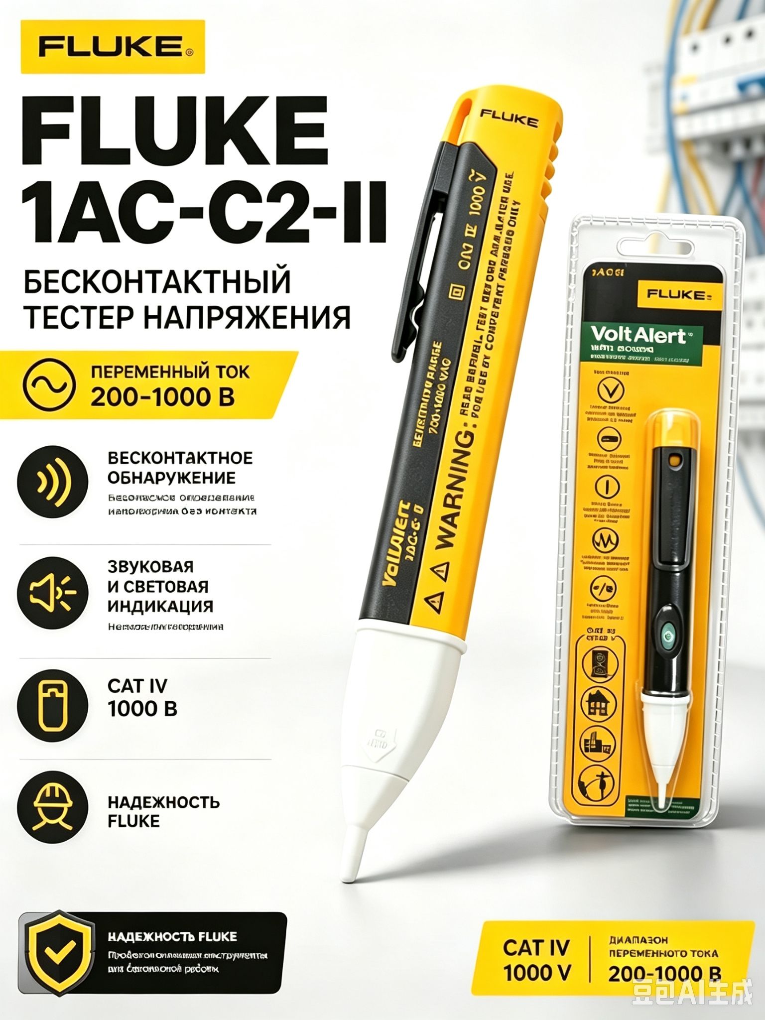 Fluke 1AC-C2-II(200-1000 В) Бесконтактный тестер напряжения переменного тока Ручка для измерения электрического напряжения от