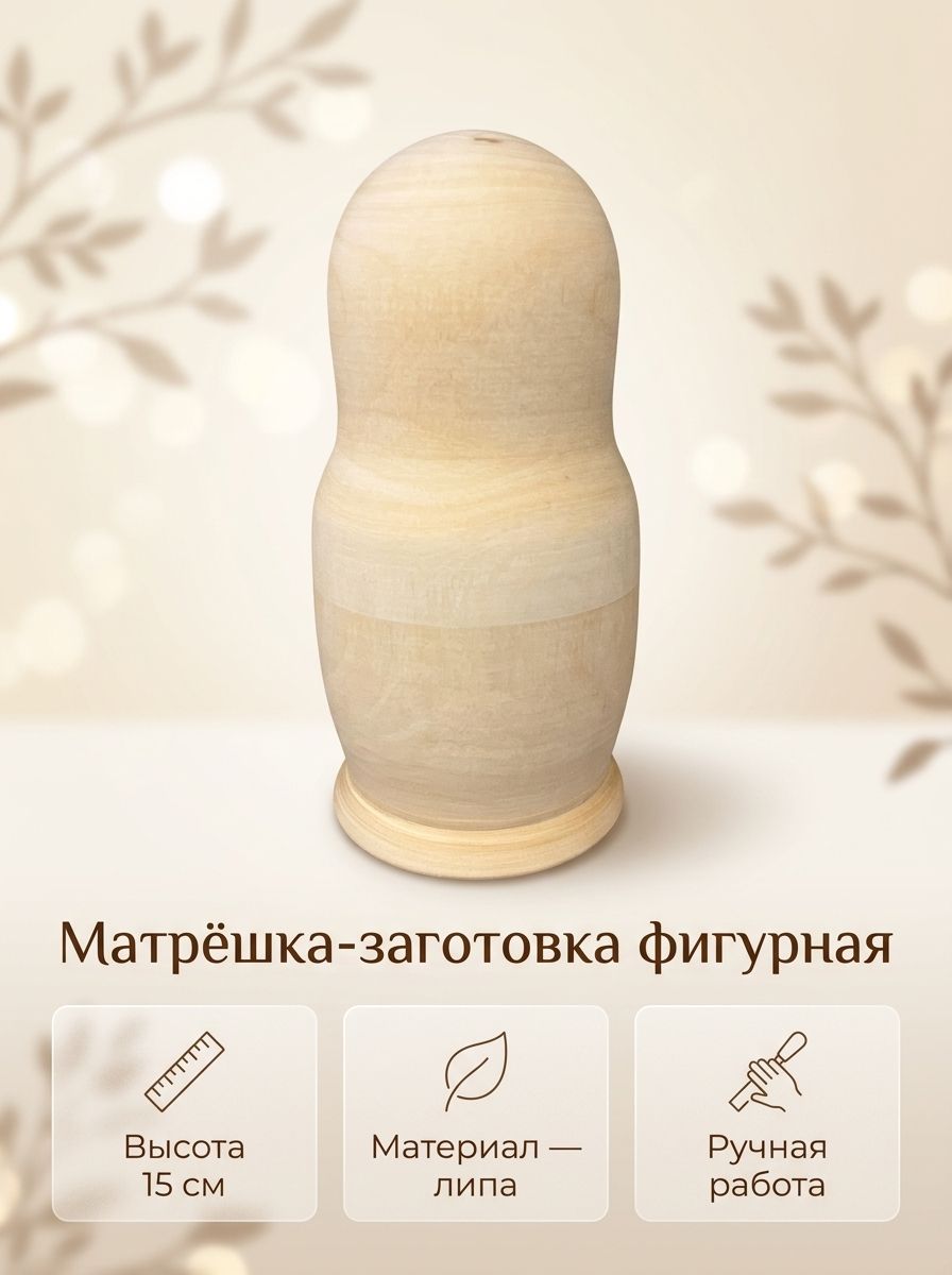 Матрёшка-заготовка деревянная фигурная для росписи и декупажа, 15 см, пустая, негрунтованная, липа
