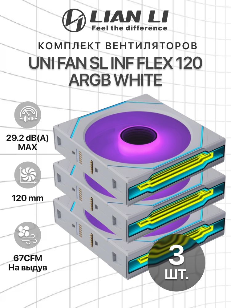 Комплект вентиляторов для корпуса 3 шт. Lian Li UNI FAN SL INF FLEX 120 / 12SLIN1F1W WHITE / 120x124x28мм PWM, ARGB, 2300 об/мин (Max.), 29.2dBa