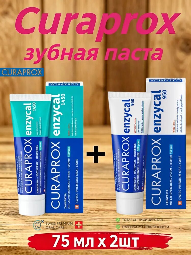 Зубная паста с фтором Curaprox Enzycal 1450 ppm для взрослых и детей от 12 лет,+950 ppm для взрослых и детей от 6 лет абразивность RDA 60, для ежедневной гигиены, без сахара 75 мл2 штук