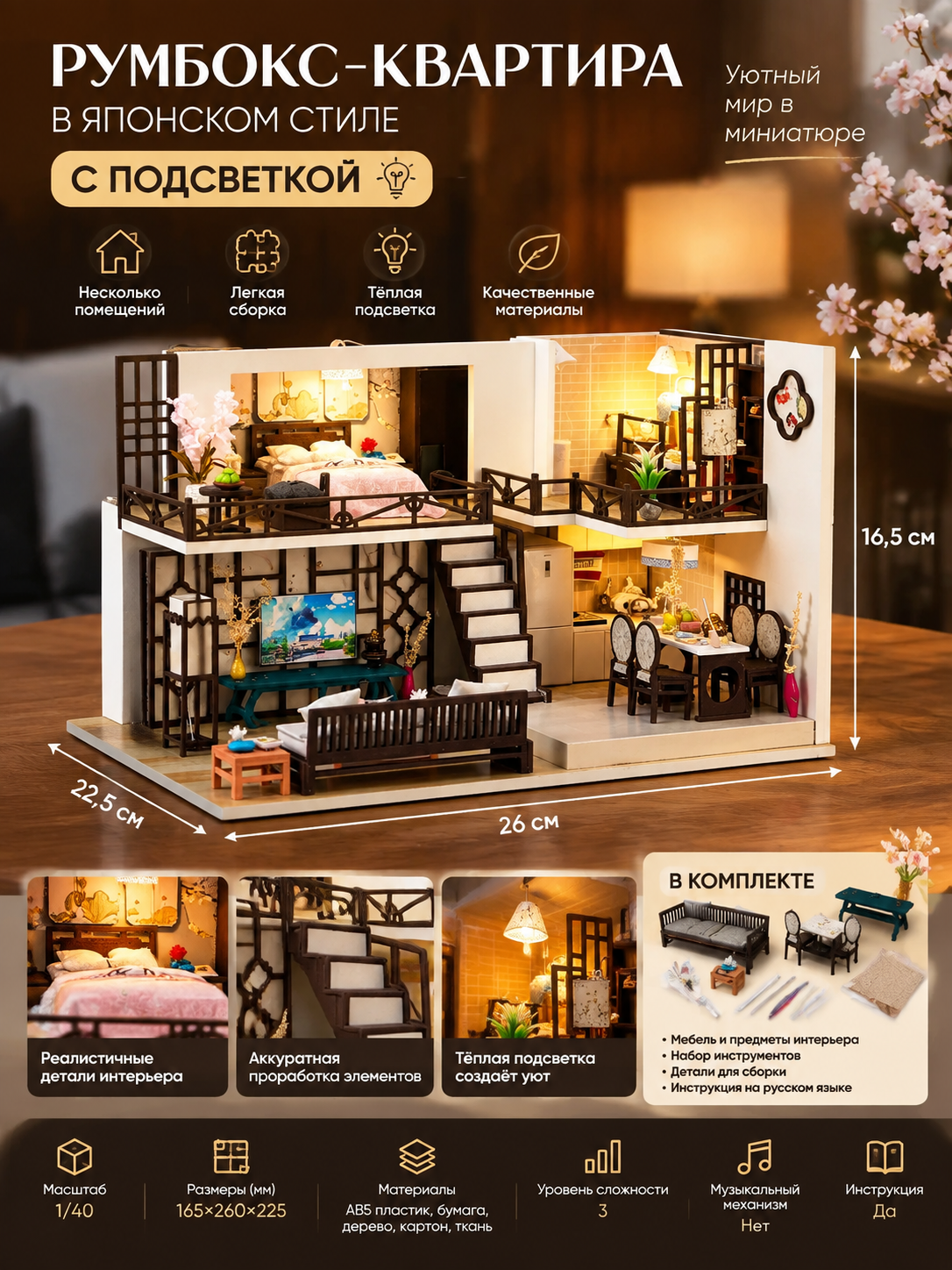 Румбокс-квартира в японском стиле с подсветкой, масштаб 1/40