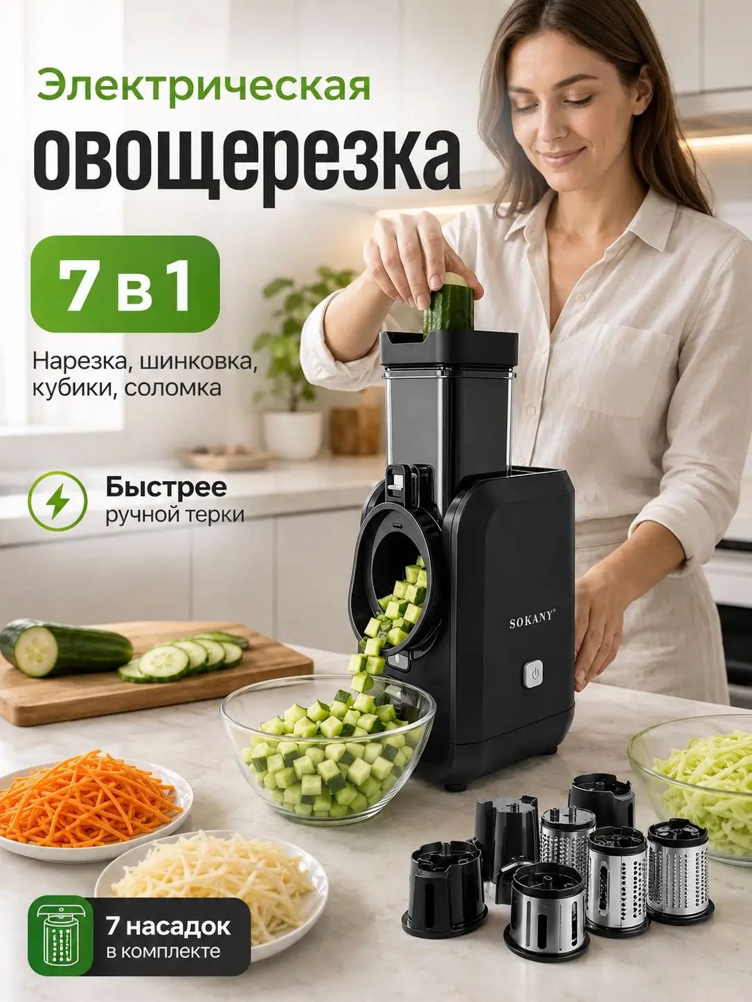 Овощерезка электрическая кубиками с насадками 7 в 1, терка для овощей электрическая