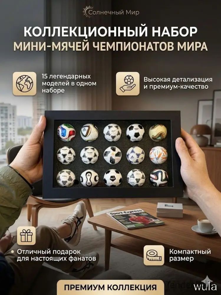 Подарочный набор футбольных мини-мячей, коллекция Чемпионатов мира 1970-2026 гг, 15 шт.-