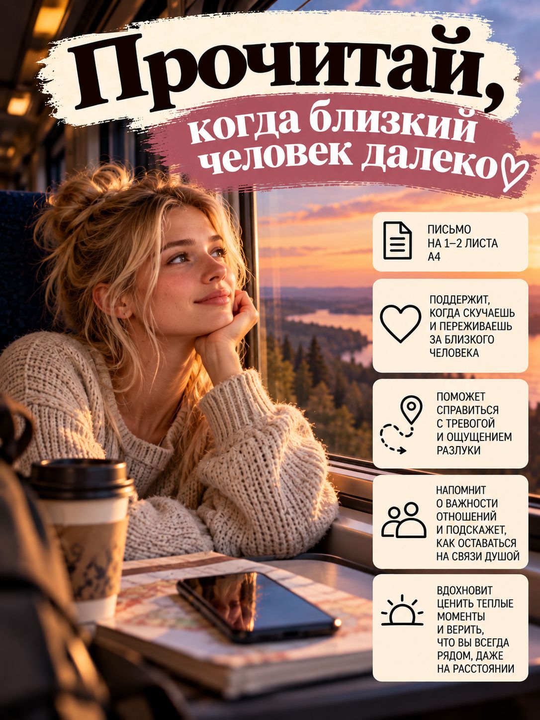 Письмо "Когда близкий человек далеко" - мотивирующий текст на листе бумаги А4 для женщин и мужчин