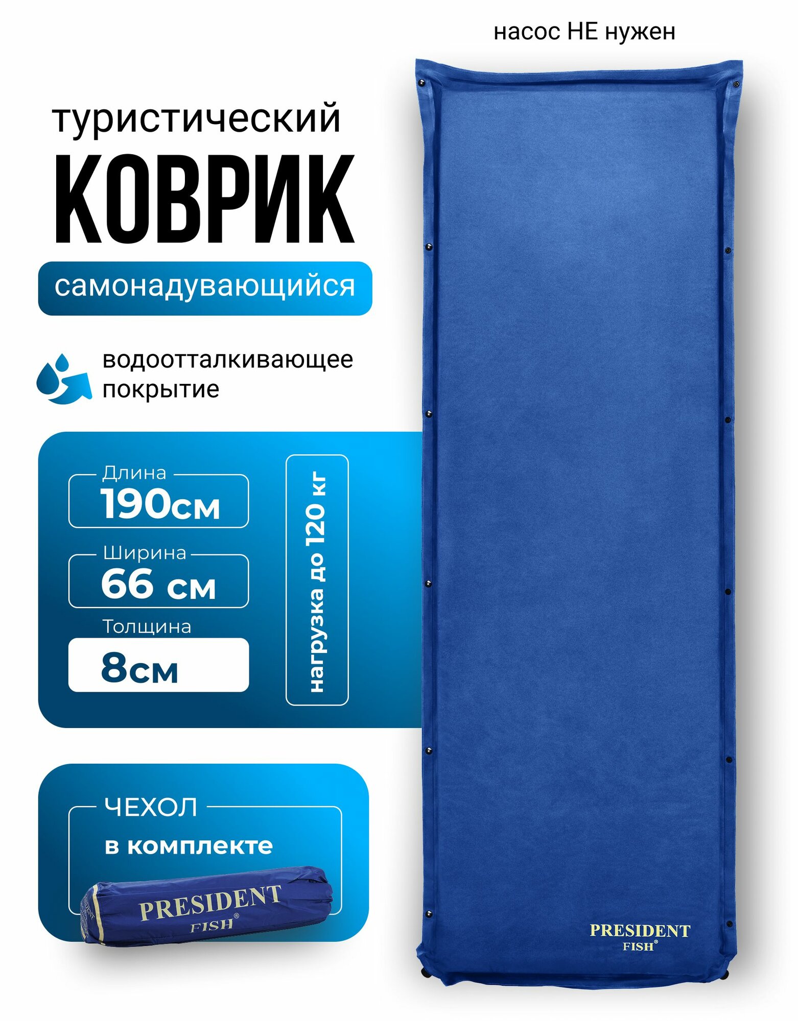 Коврик самонадувающийся туристический PRESIDENT FISH 8818004 PF-08FWP синий