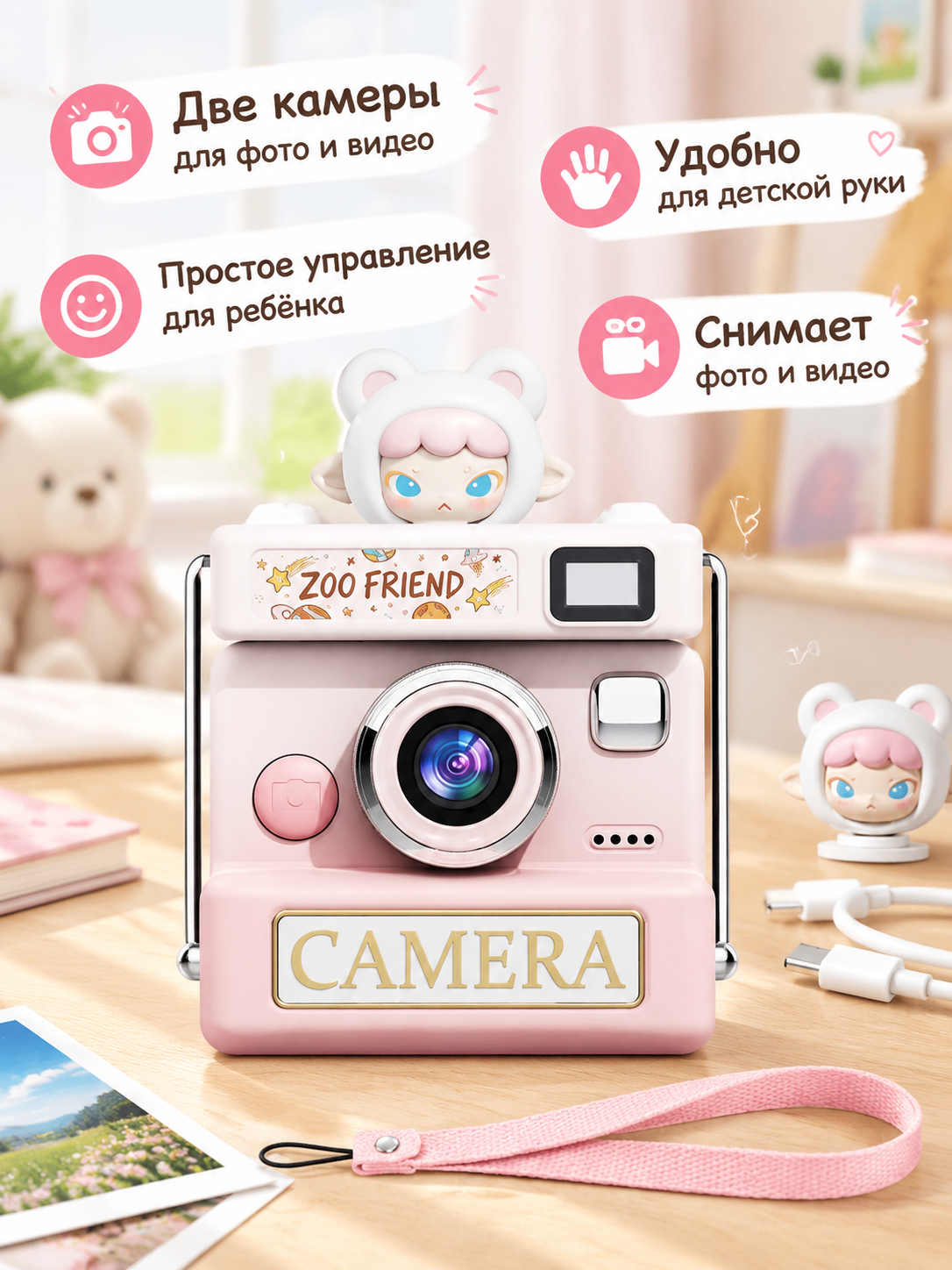 Детский цифровой фотоаппарат с двумя камерами для фото и видео, Ретро-розовый 32 ГБ