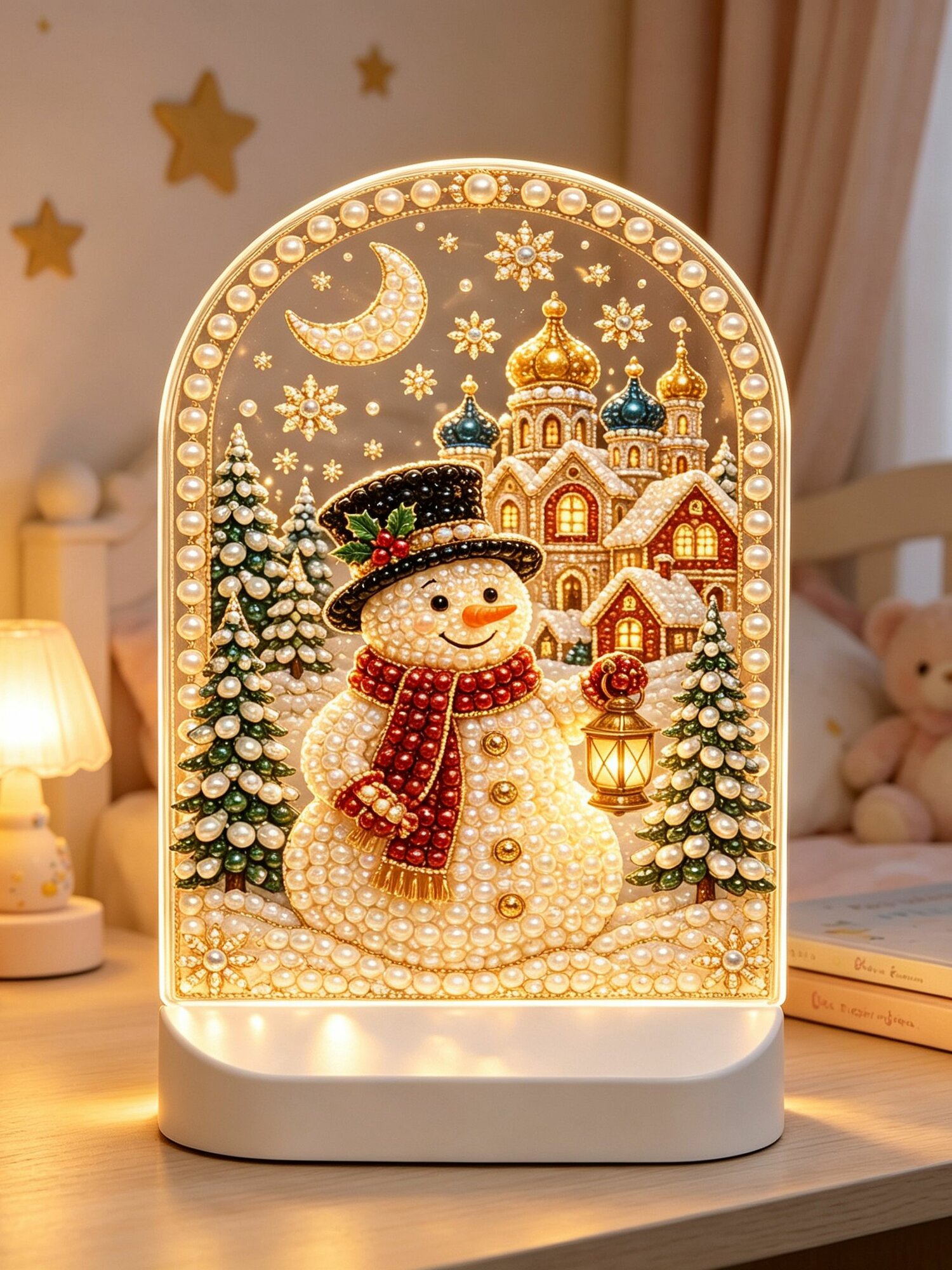 Алмазная мозаика DIY с жемчужинами Снеговик , светодиодный ночник, новогодняя декоративная лампа, набор для творчества