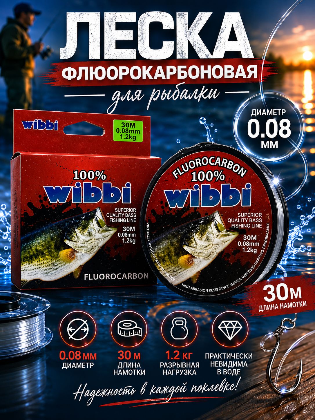 Леска флюорокарбоновая для рыбалки 0.08мм, 1.2 кг