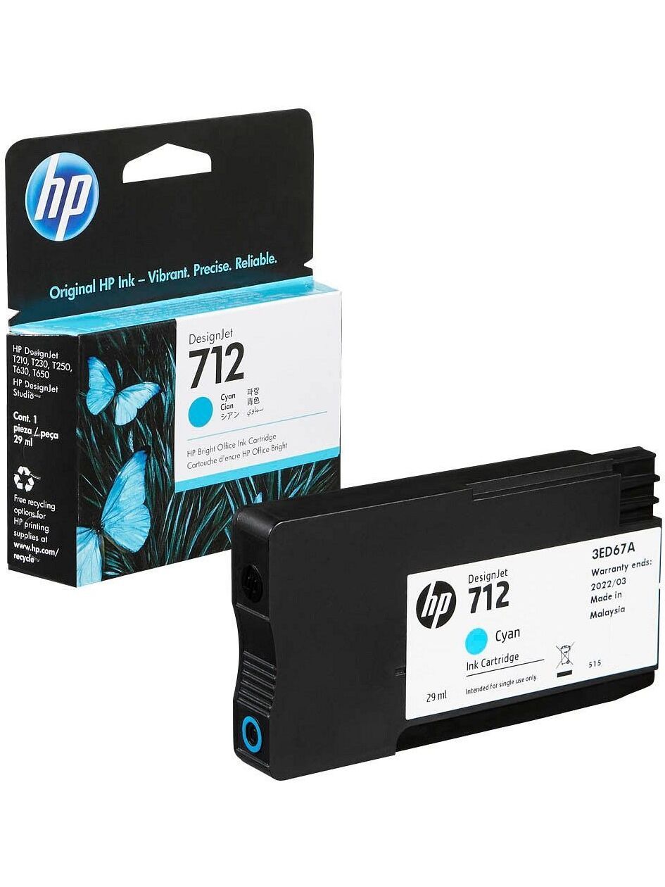 Картридж для струйного принтера HP 712 Cyan 3ED67A, официальная гарантия