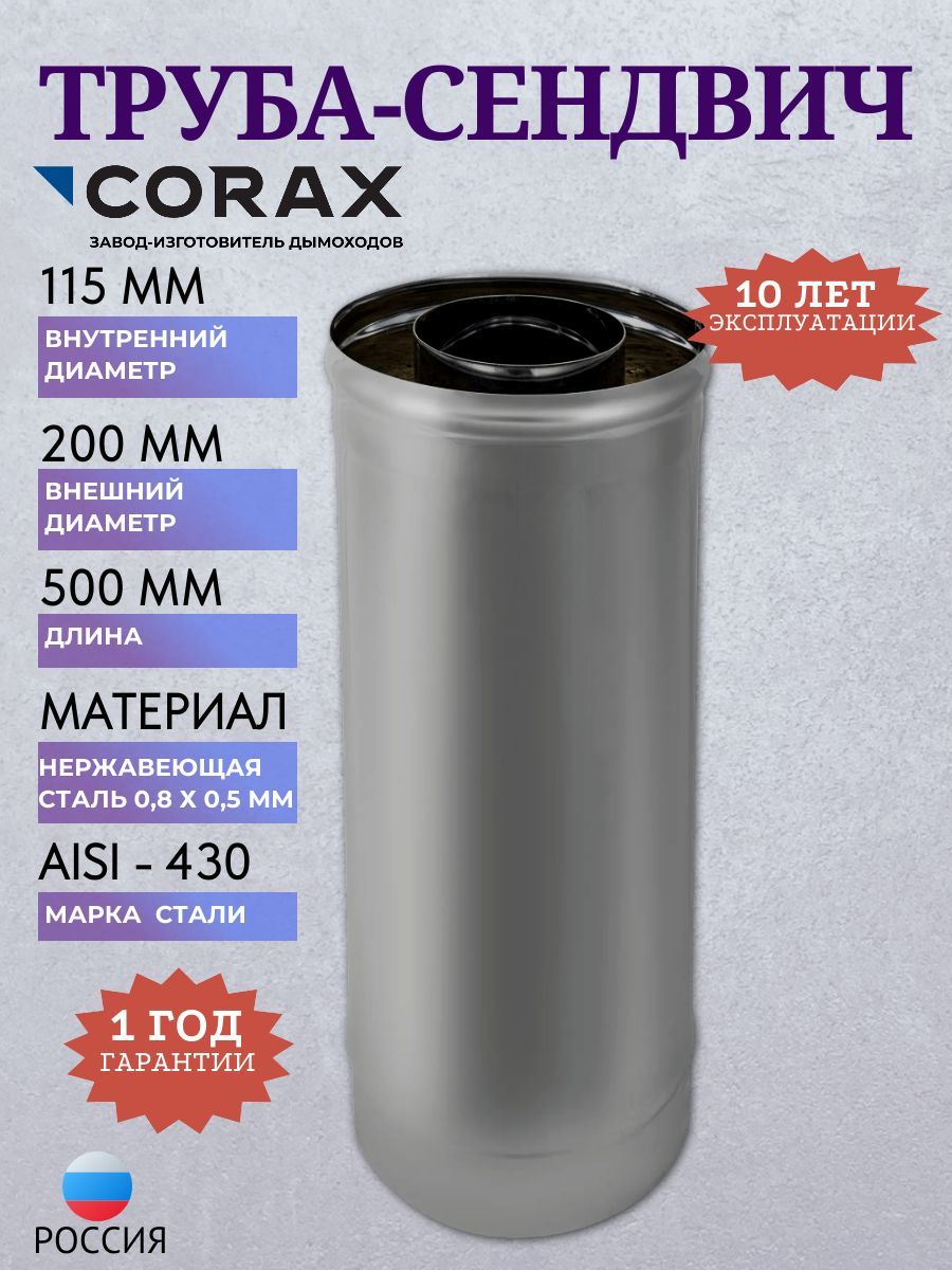 Труба-сэндвич Ф 115х200 L 0,5м (430/0,8х0,5)