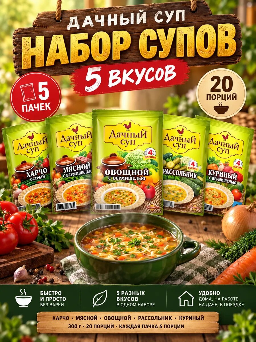 Набор супов 5 вкусов 300г харчо мясной овощной рассольник ку
