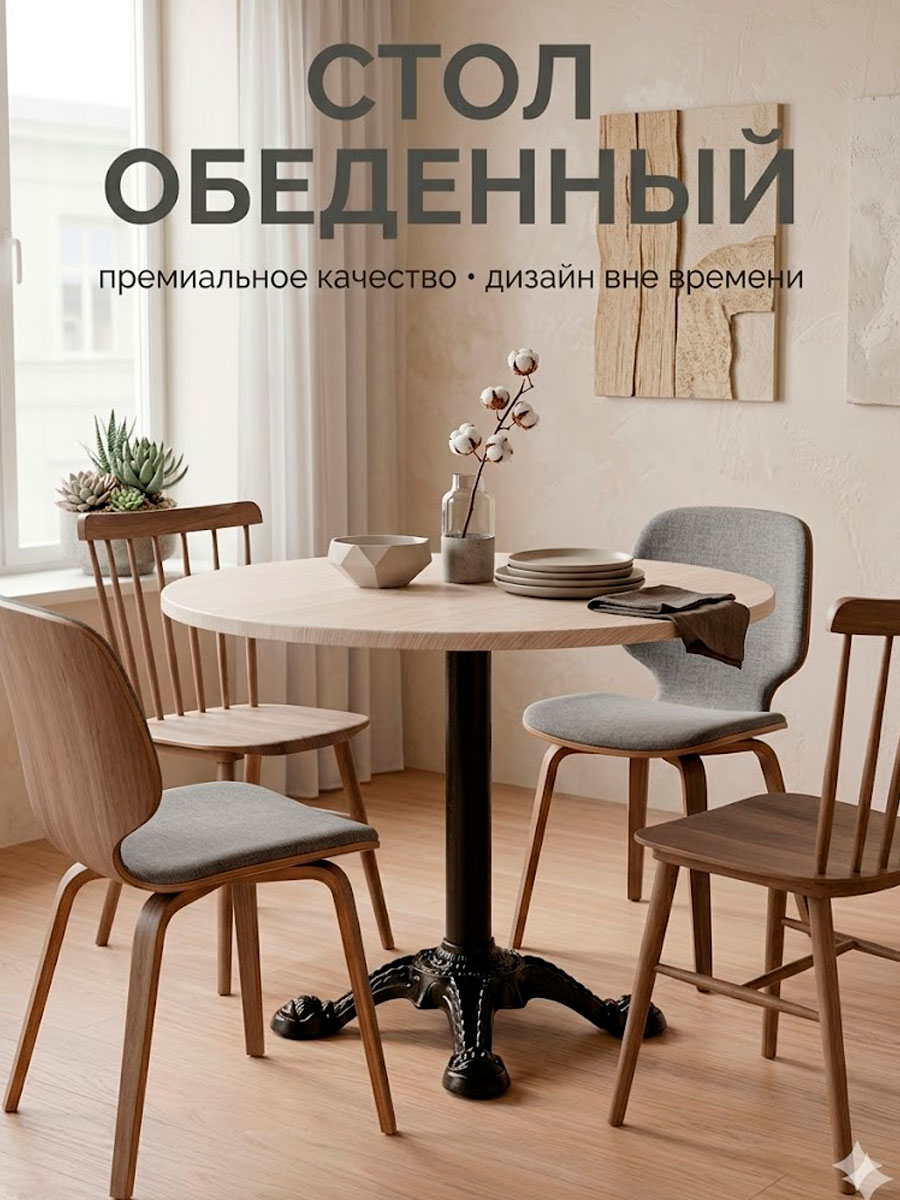 Стол обеденный круглый 80 см Верзалит «Белый дуб» на чугунной чёрной ножке