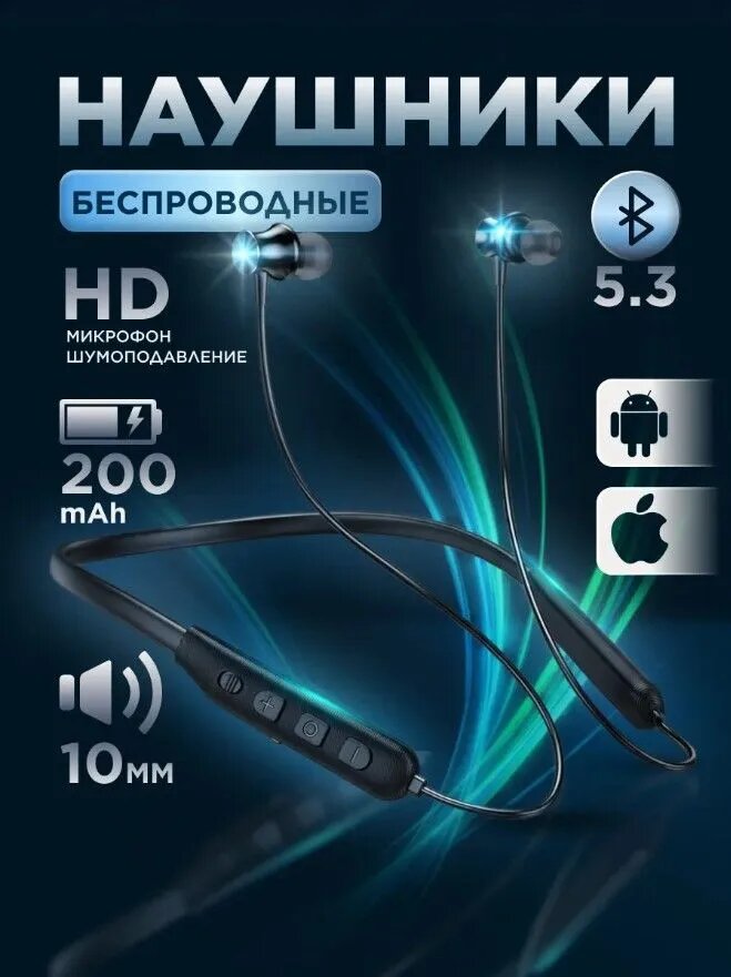 Наушники беспроводные внутриканальные с микрофоном Bluetooth 5.3 с шейным ободом синие
