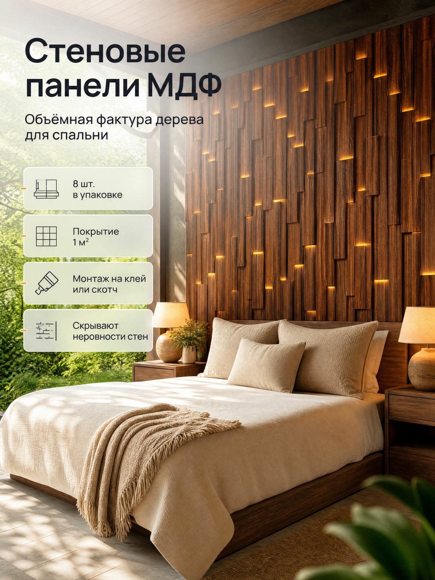Стеновые панели МДФ из натурального дерева / Декоративные панели на стену 8 шт. 500х250 мм, 1 кв. м