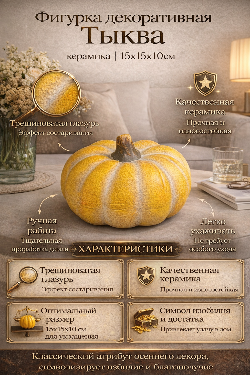 Фигурка декоративная Тыква Casaentera CE03-6CE1759 желтый 150x150х100