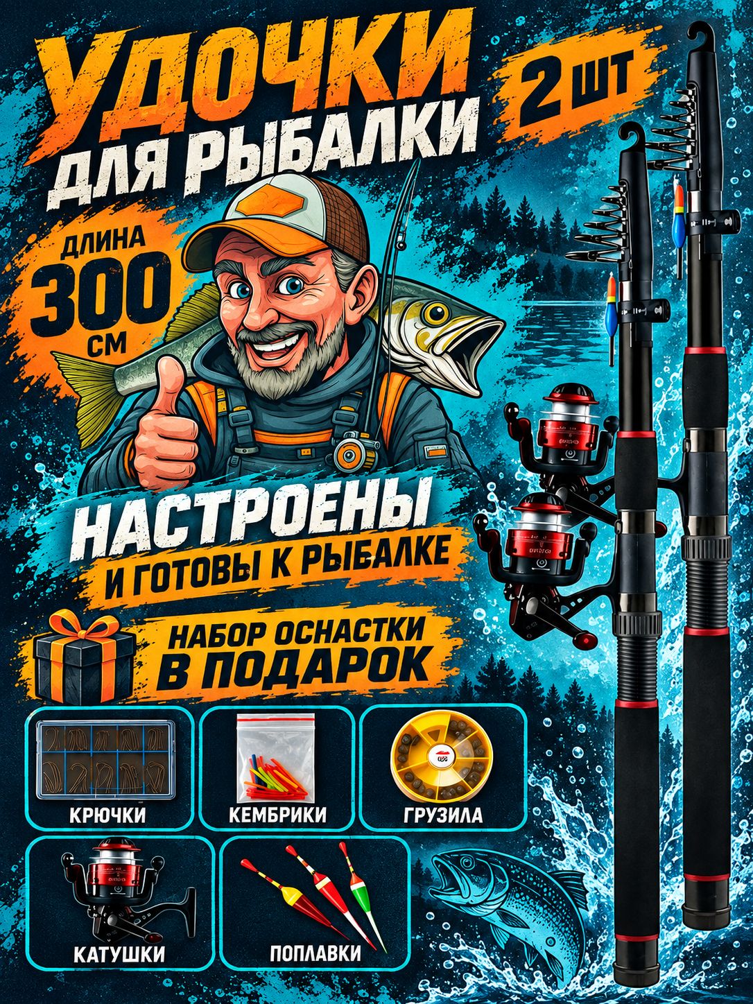 Удочка для рыбалки поплавочная 300 см набор 2 шт